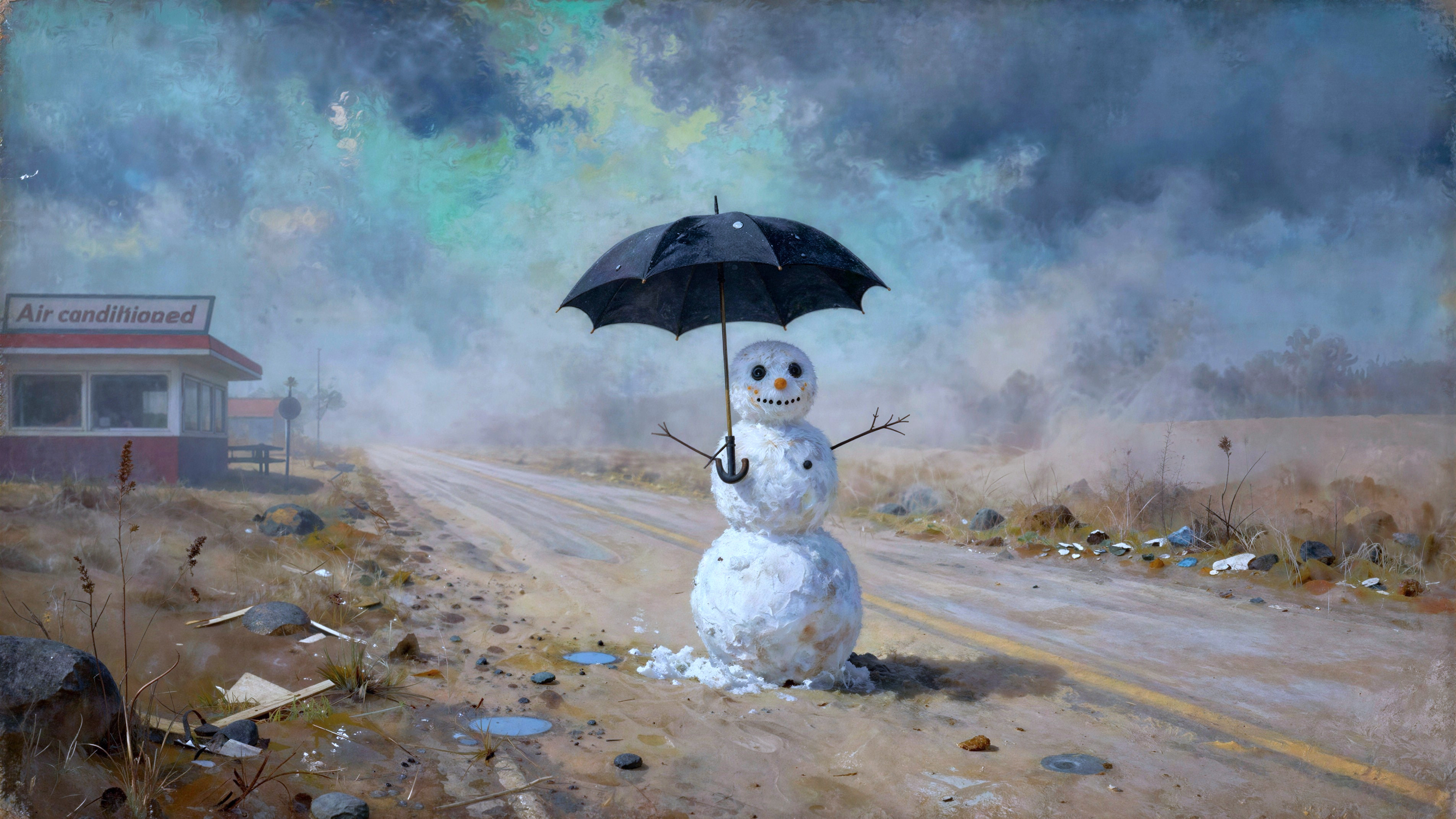 Surreal Painting of a Snowman on a Muddy Road