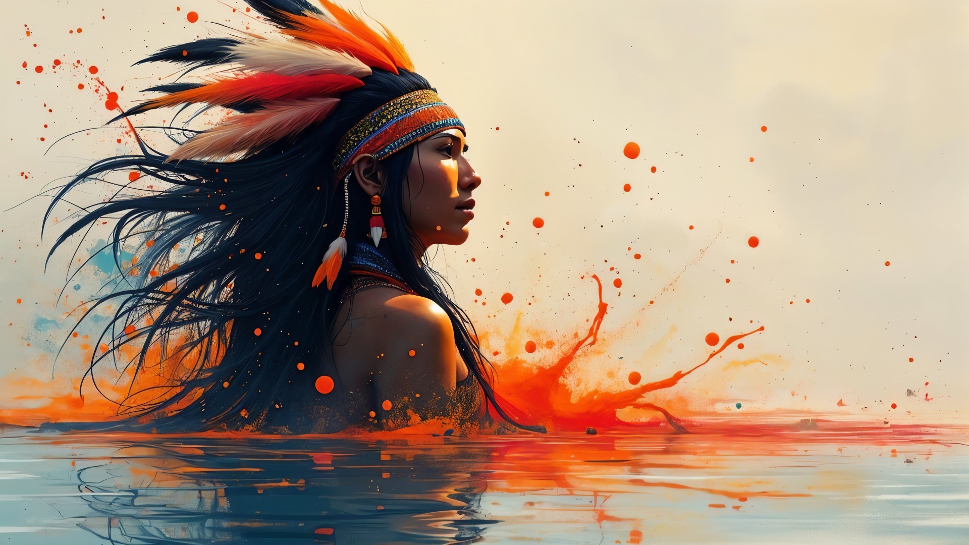 Serene Figure with Feathers in Vibrant Water Scene