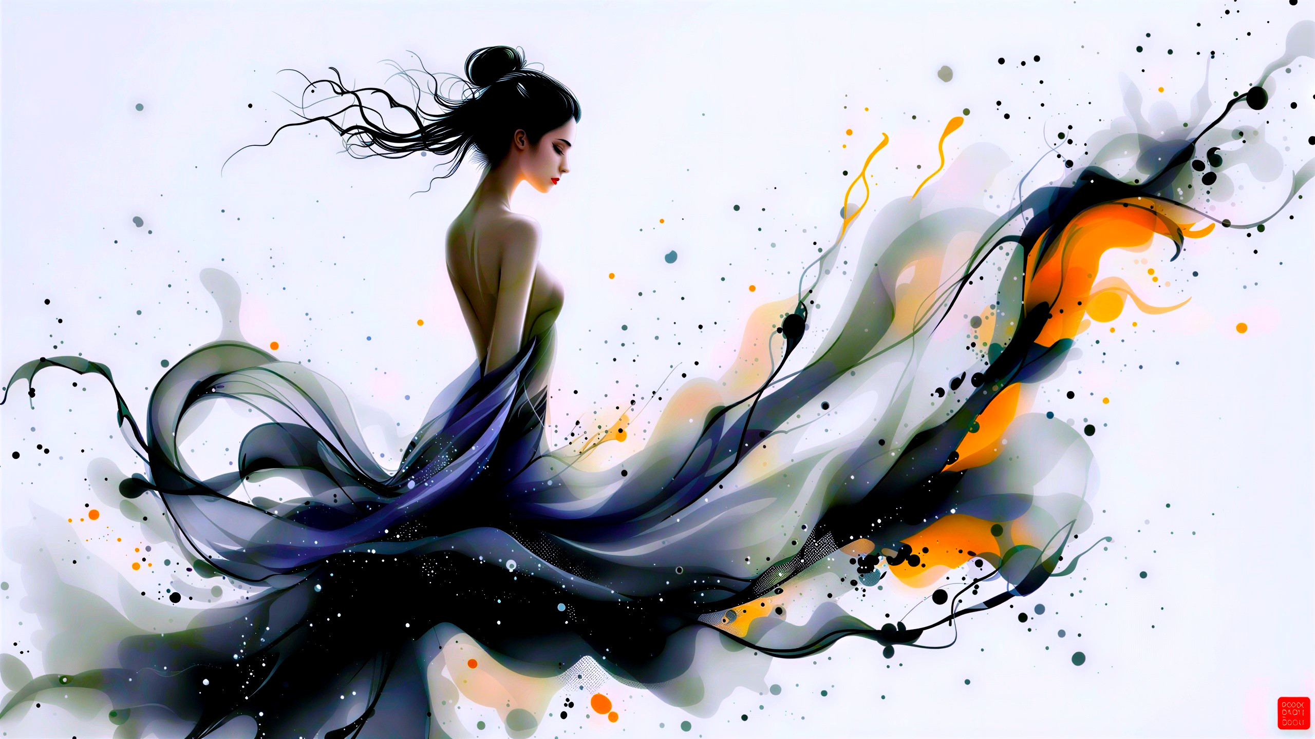 Elegant Woman in Flowing Dark Fabric with Color Accents