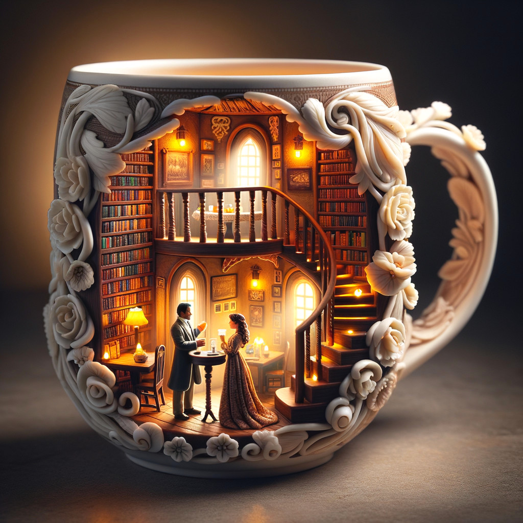 Intricate Teacup with Romantic Scene and Floral Design