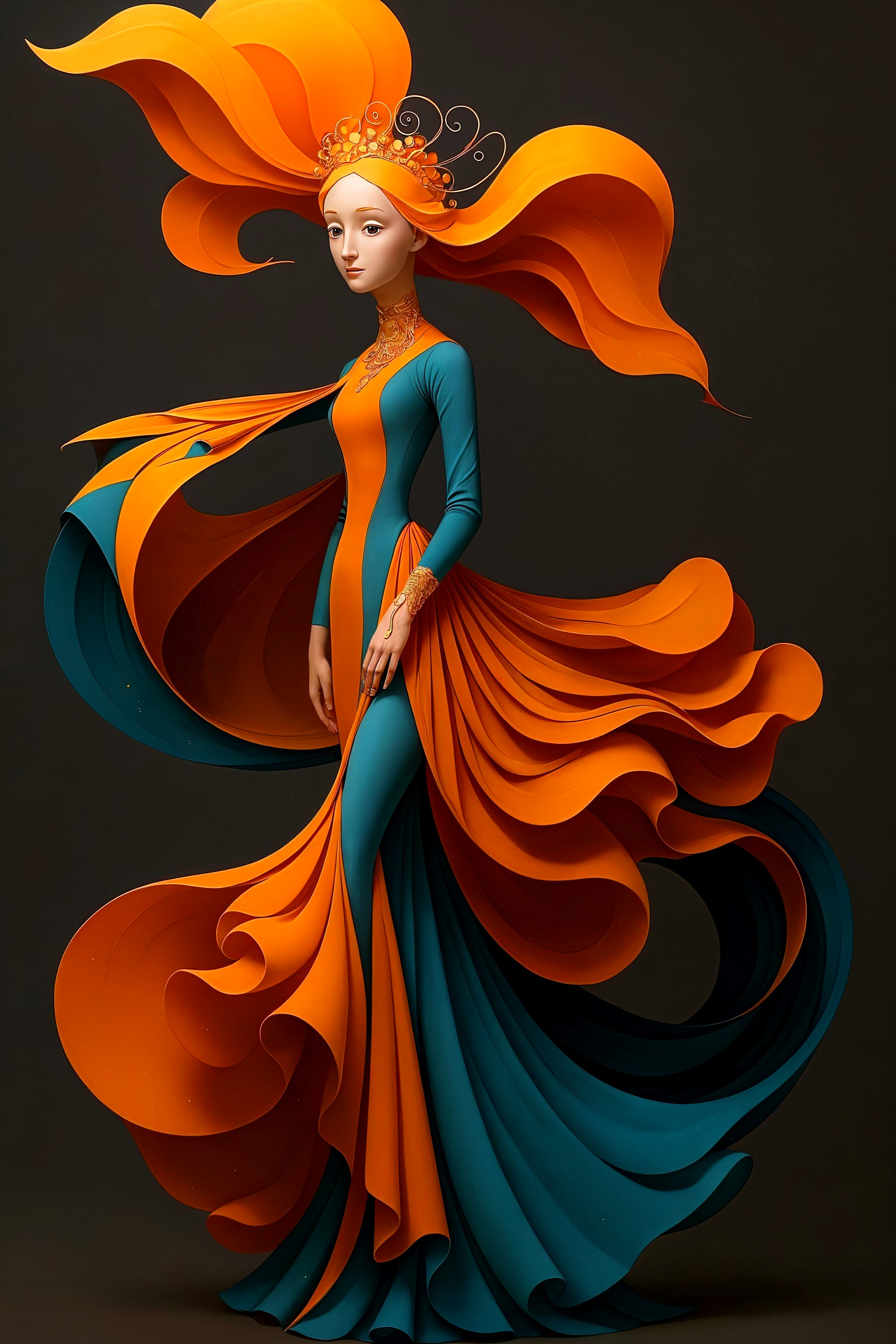 Elegant figure in vibrant teal and orange gown