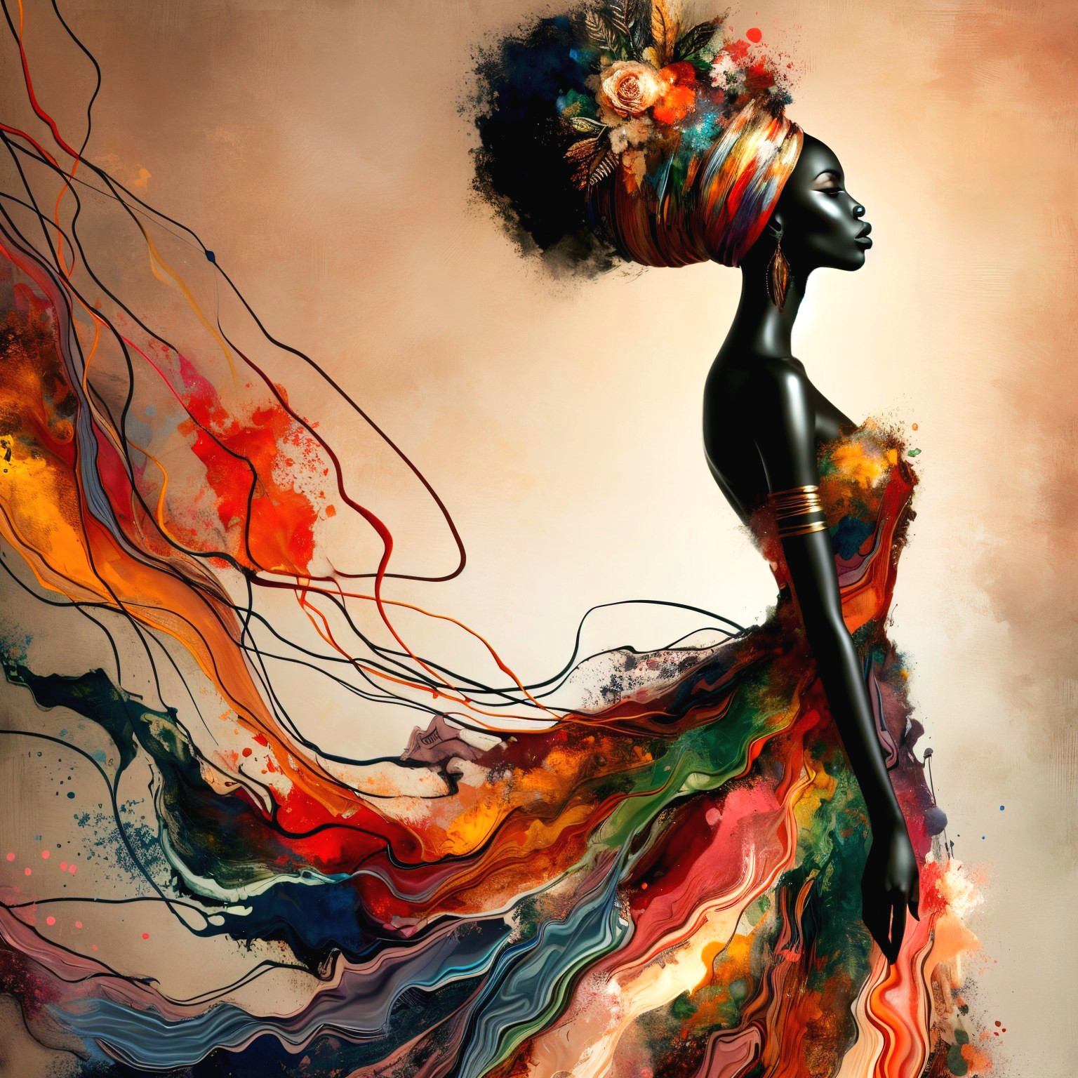 Vibrant Digital Artwork of Woman with Colorful Head Wrap