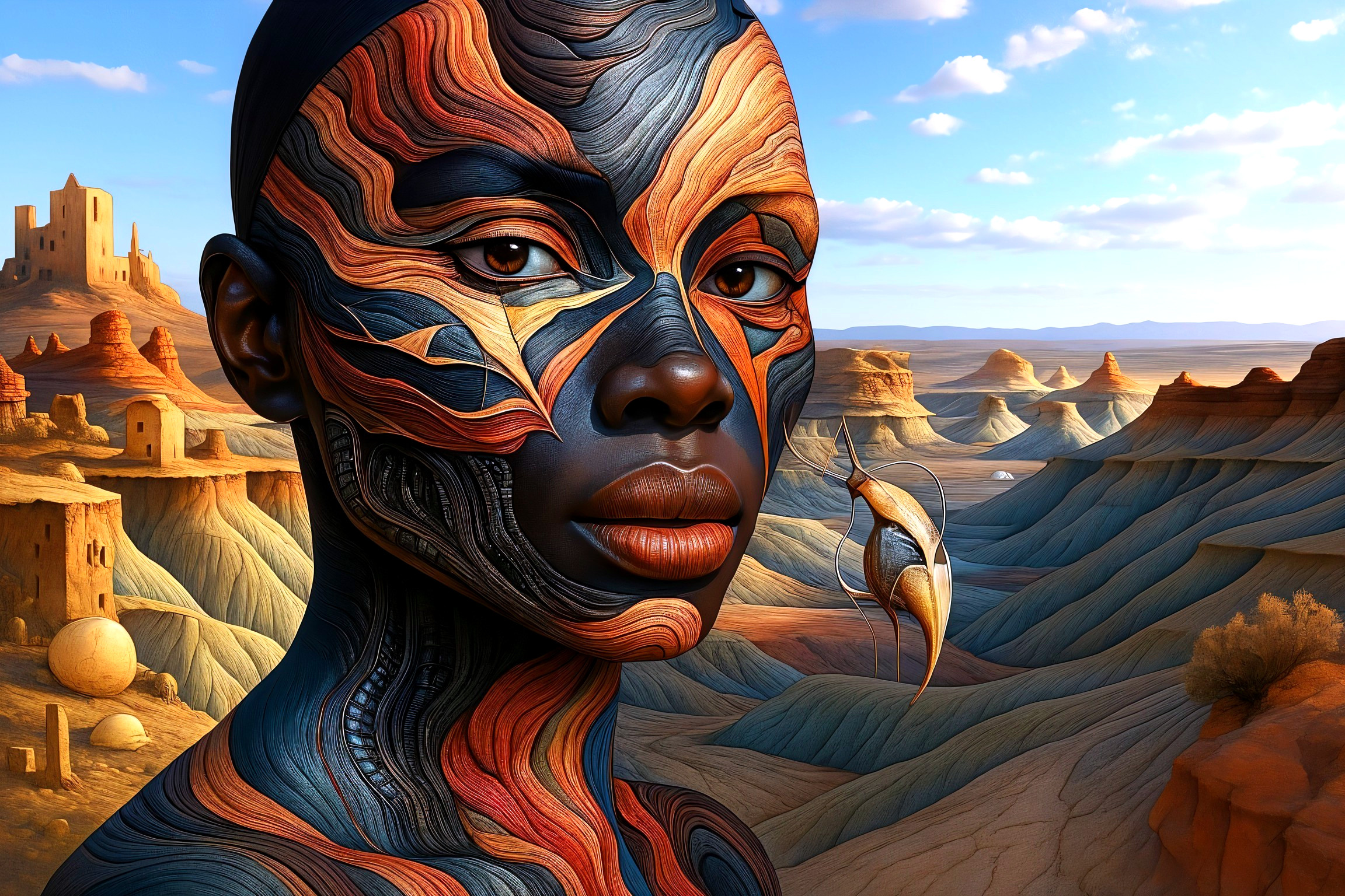Vibrant Face Paint Against Layered Rock Formations