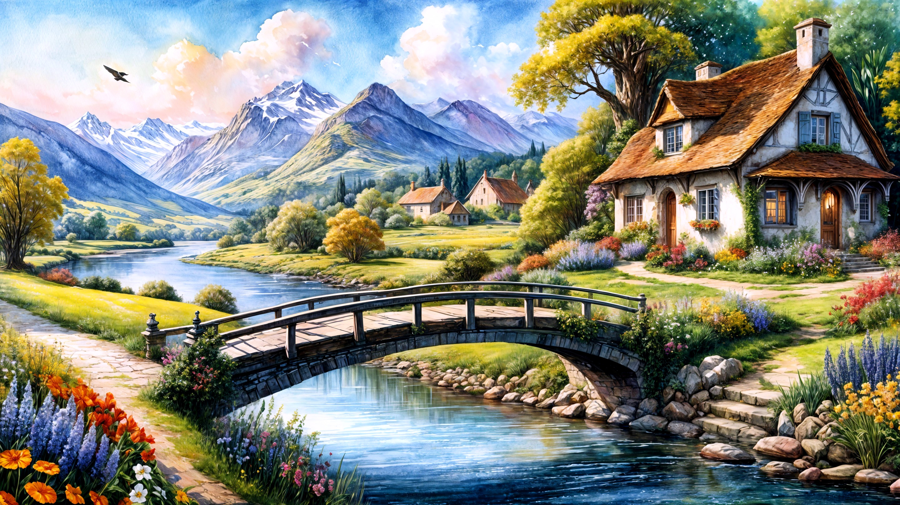 Quaint Cottage by a Crystal-Clear River Landscape