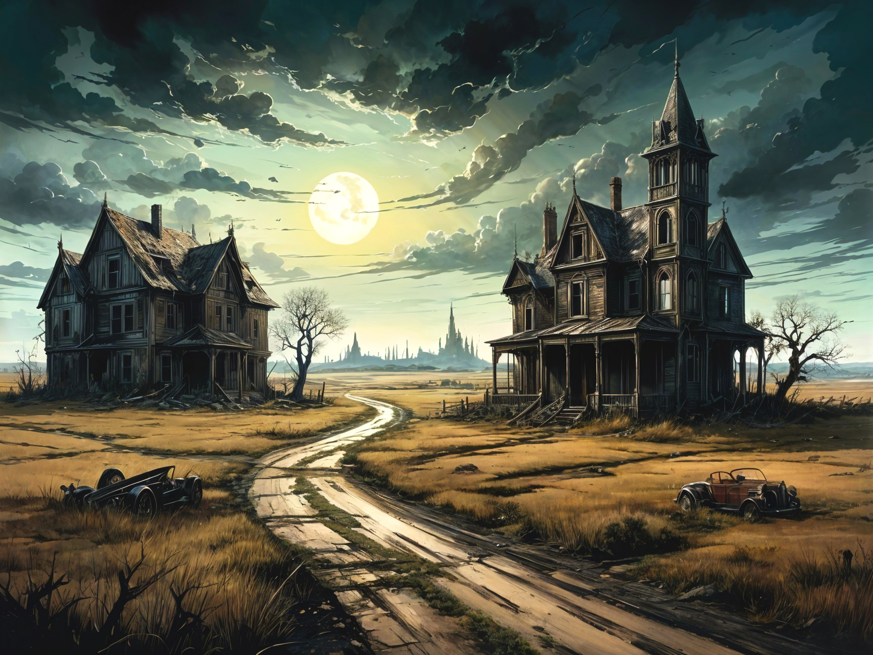 Desolate Victorian Houses Under Dramatic Night Sky
