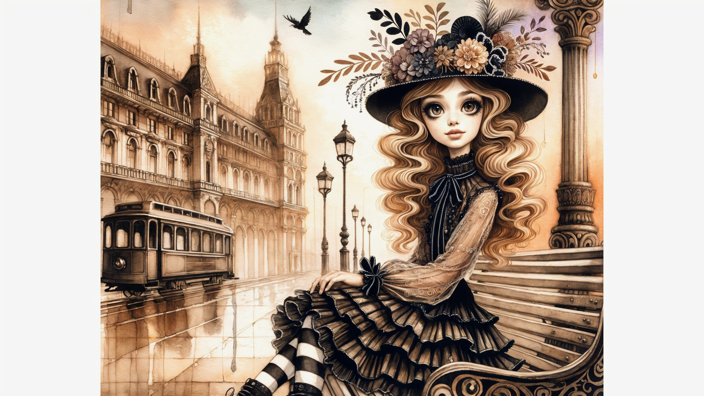 Whimsical Girl on Vintage Bench in Charming Cityscape