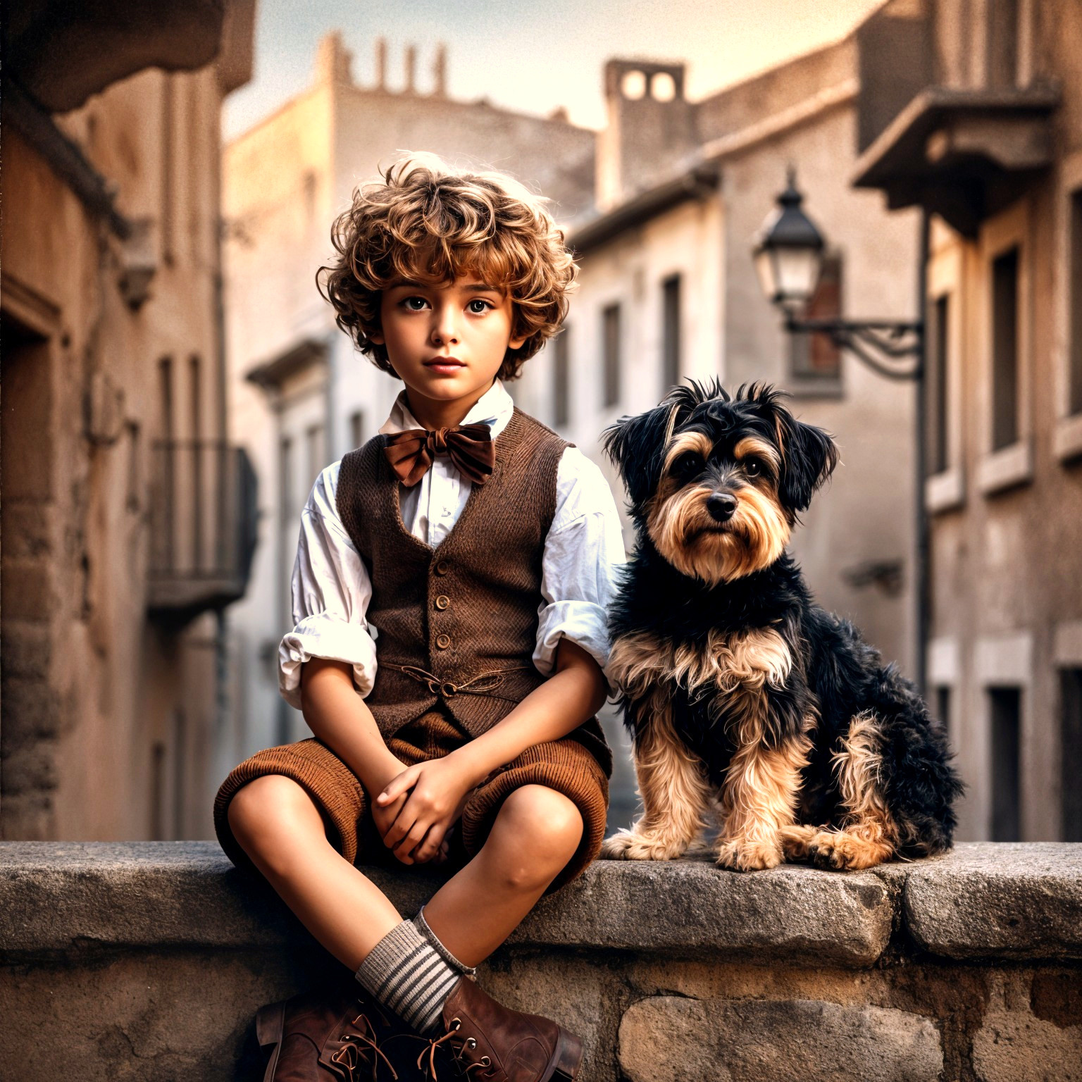 Young Boy and Dog in Vintage Setting with Old Architecture