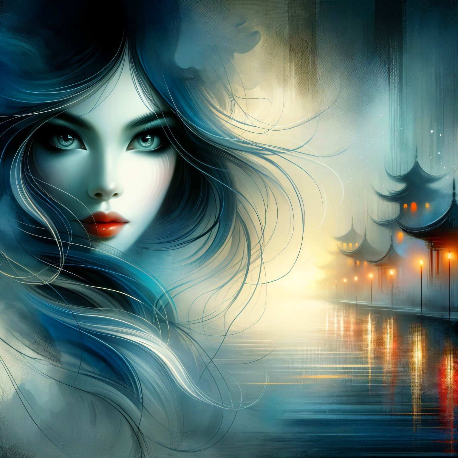 Woman with Blue Hair in Ethereal Landscape
