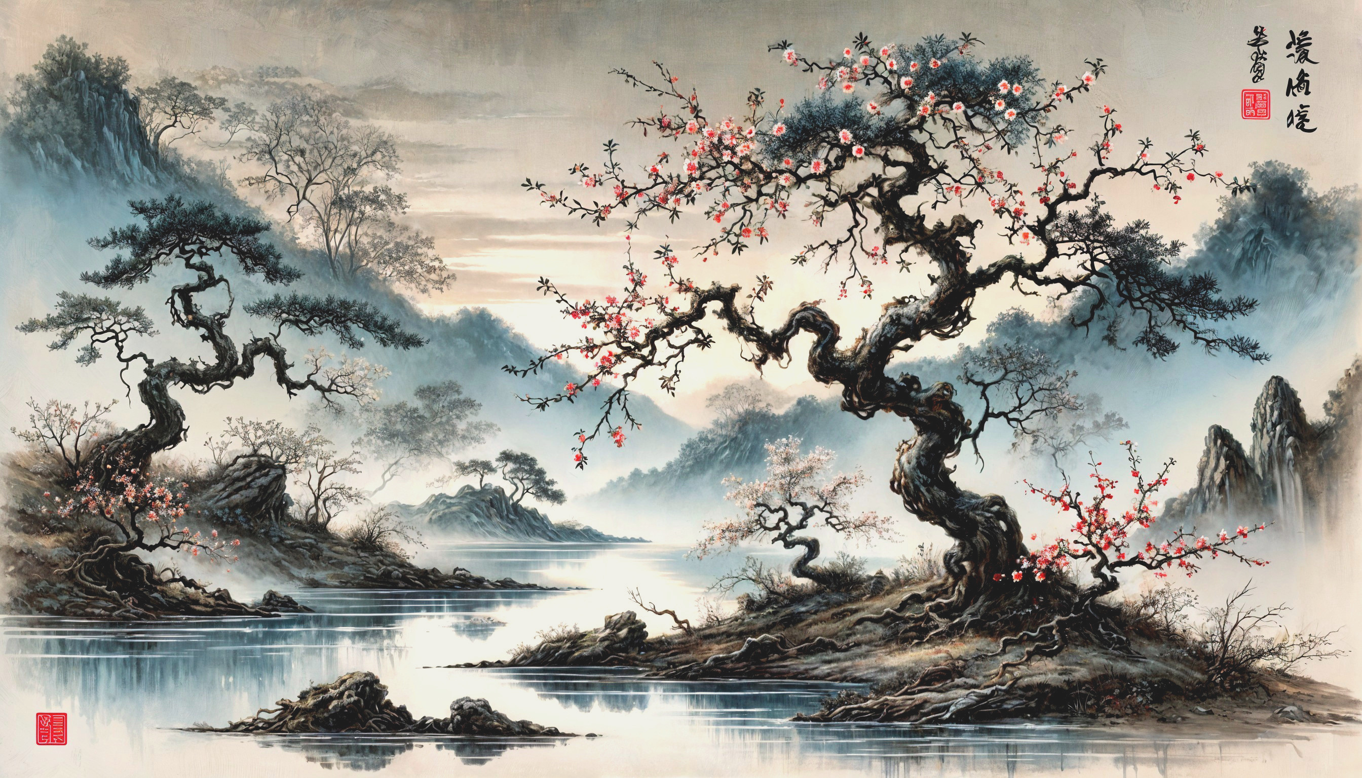Serene landscape with gnarled trees and blossoms