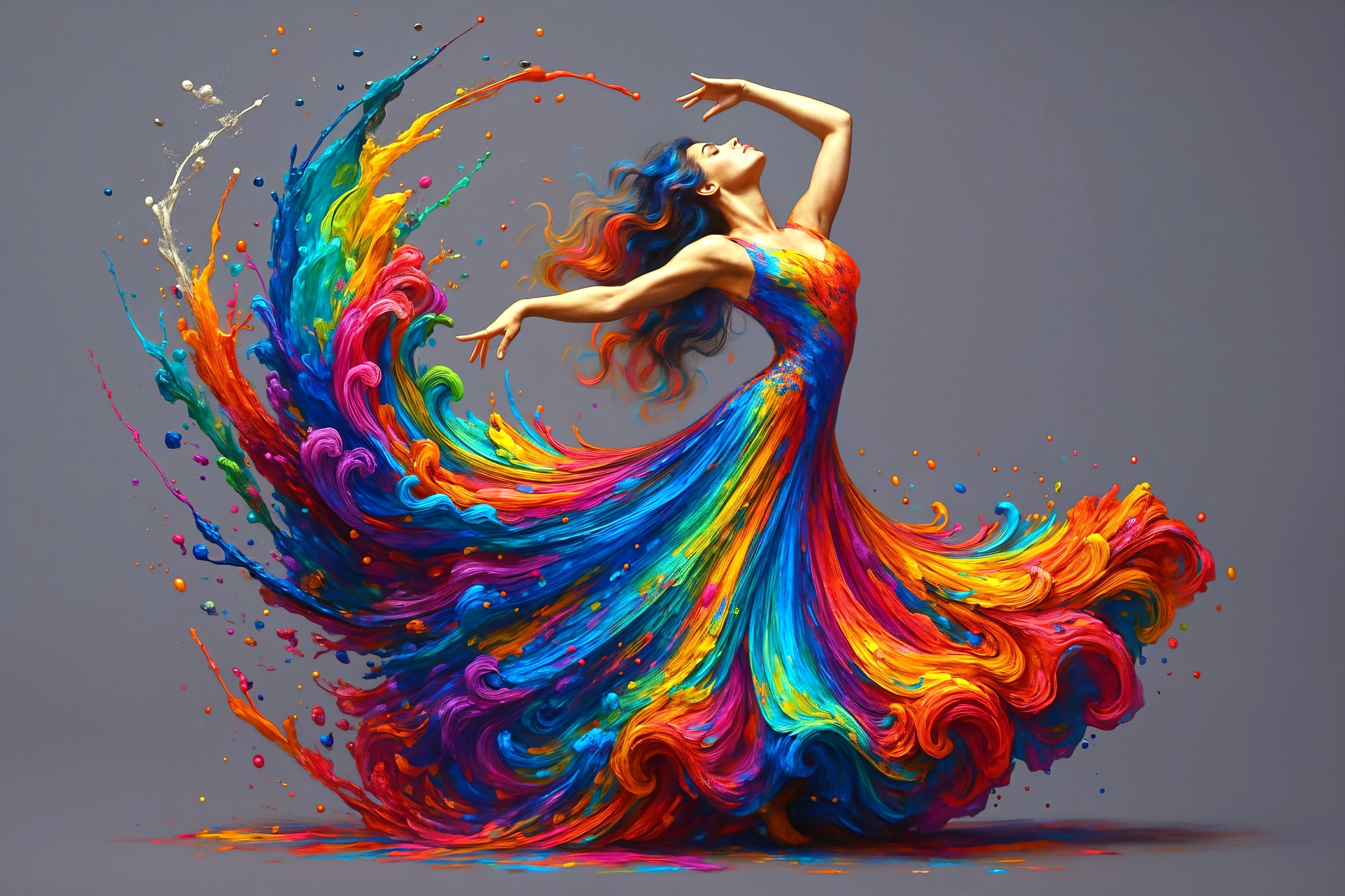 Vibrant Dancer in Colorful Flowing Dress on Gray Background
