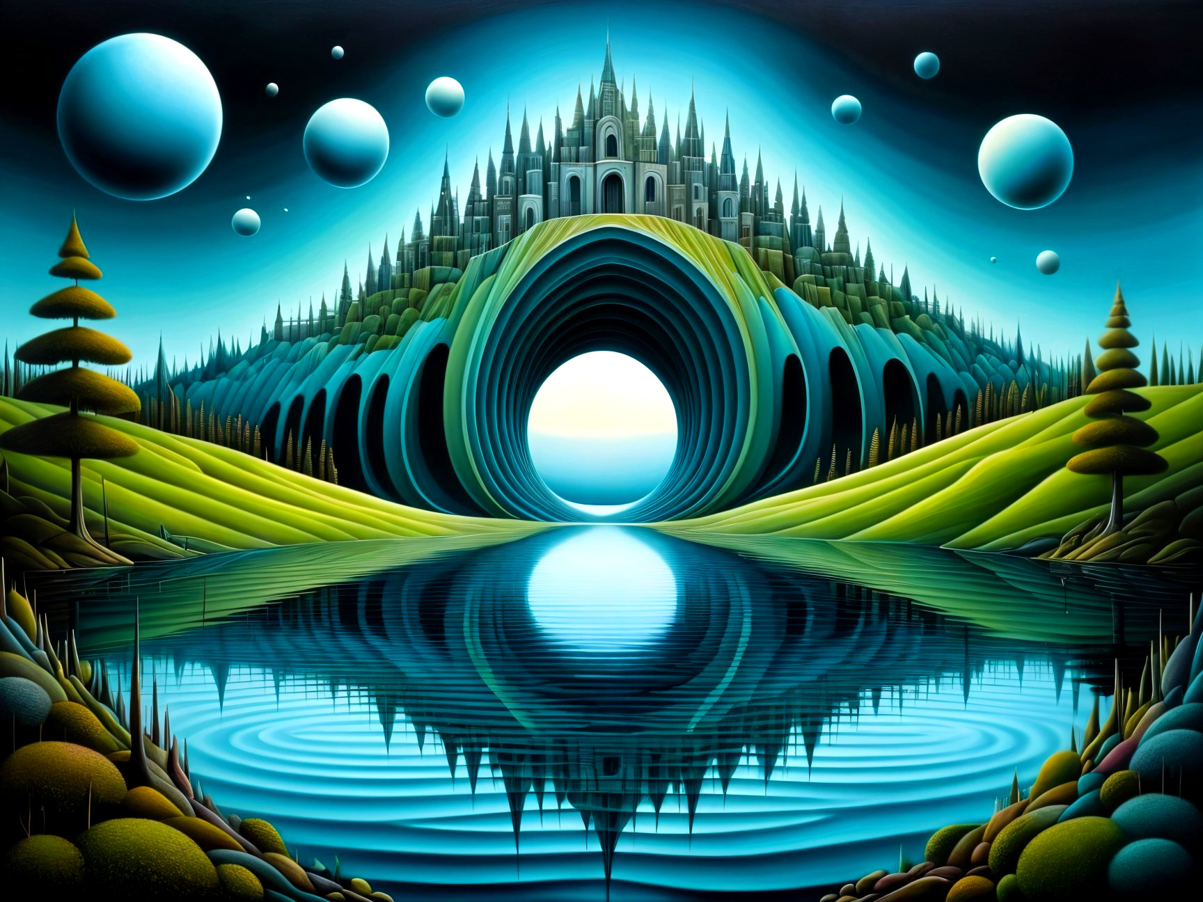 Surreal Landscape with Vibrant Colors and Fantasy Elements