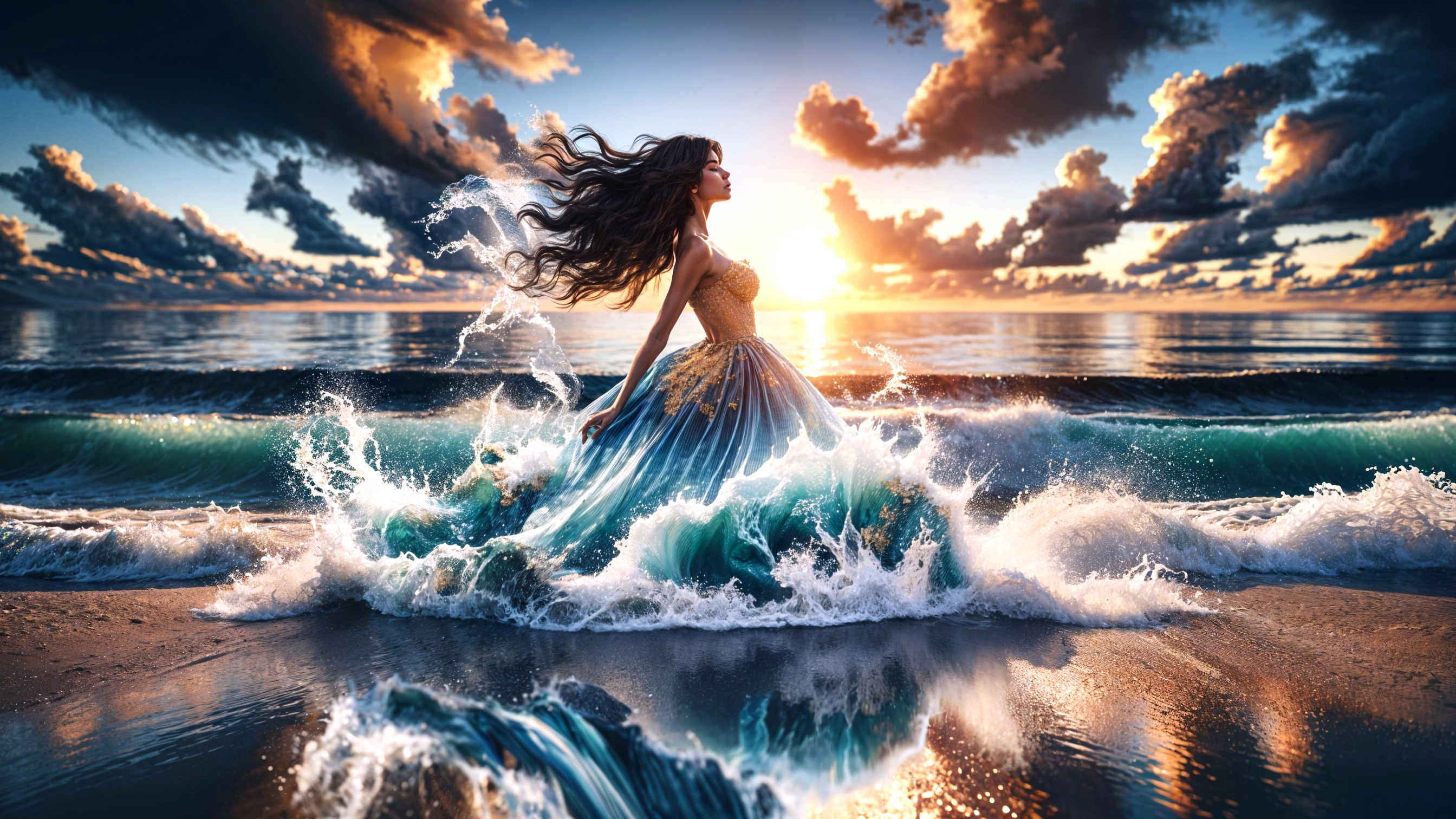 Woman in Elegant Gown by Ocean at Sunset