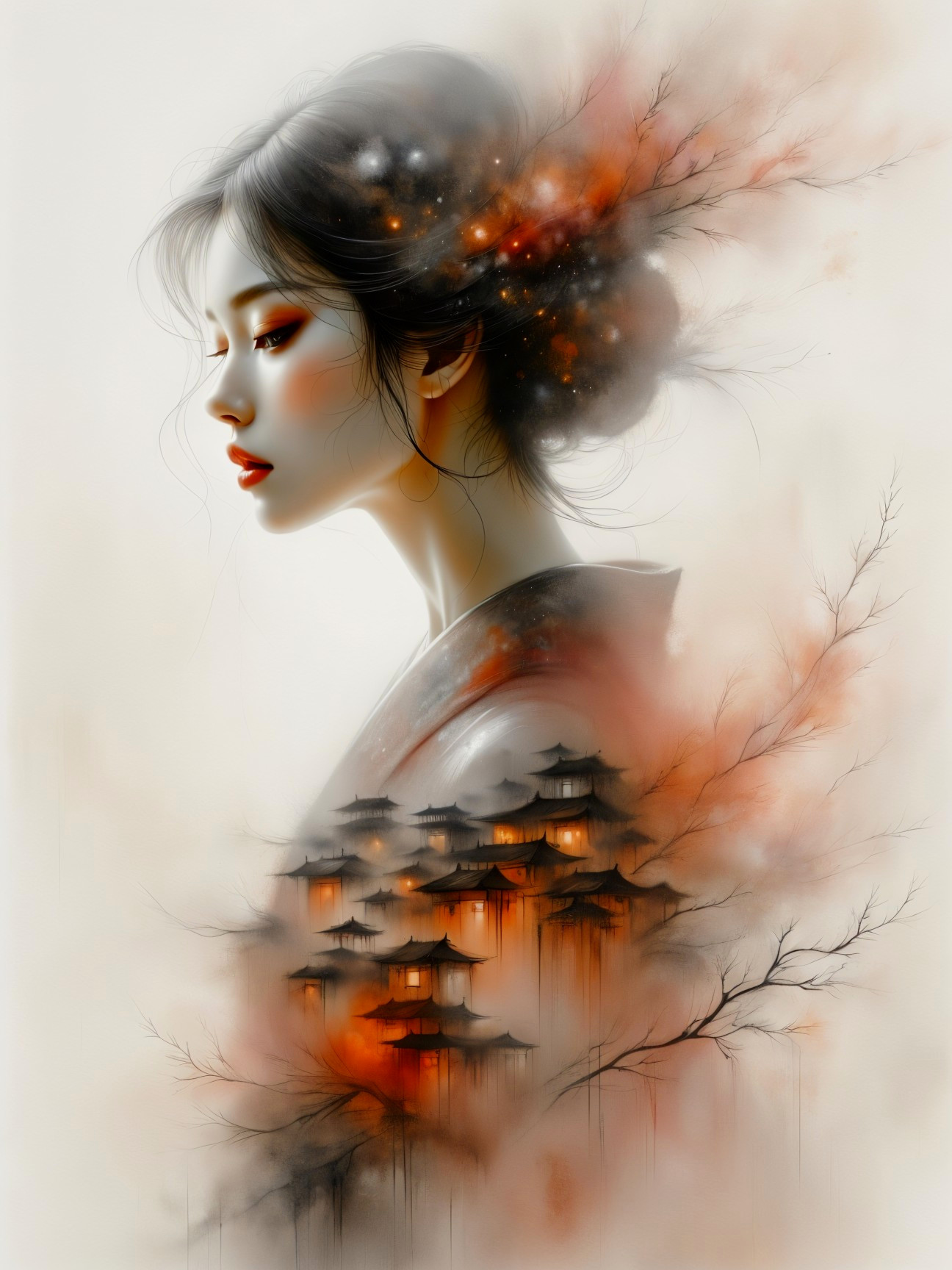 Portrait of a Young Woman with Pagodas and Mist