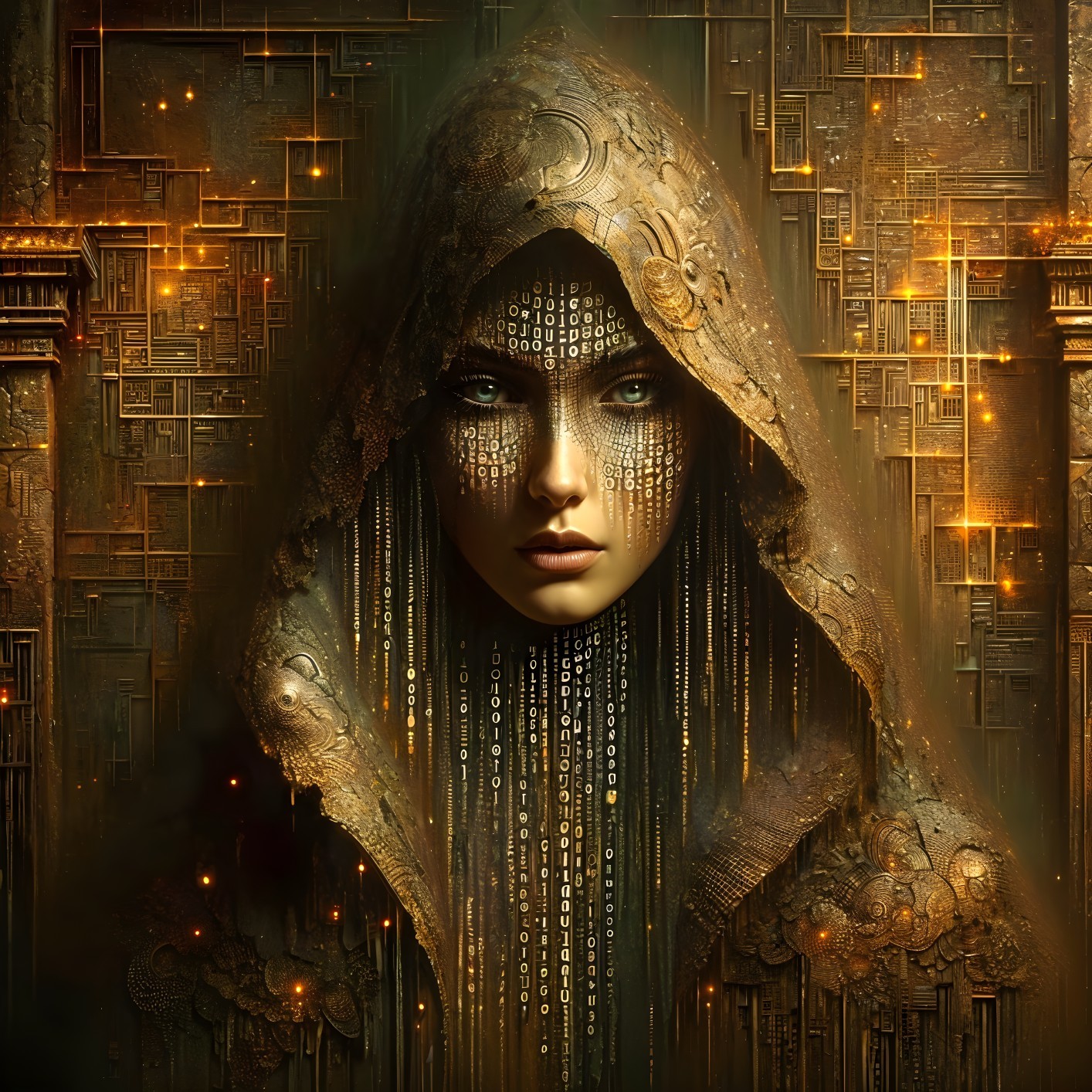 Mysterious Figure in Golden Hood with Binary Patterns