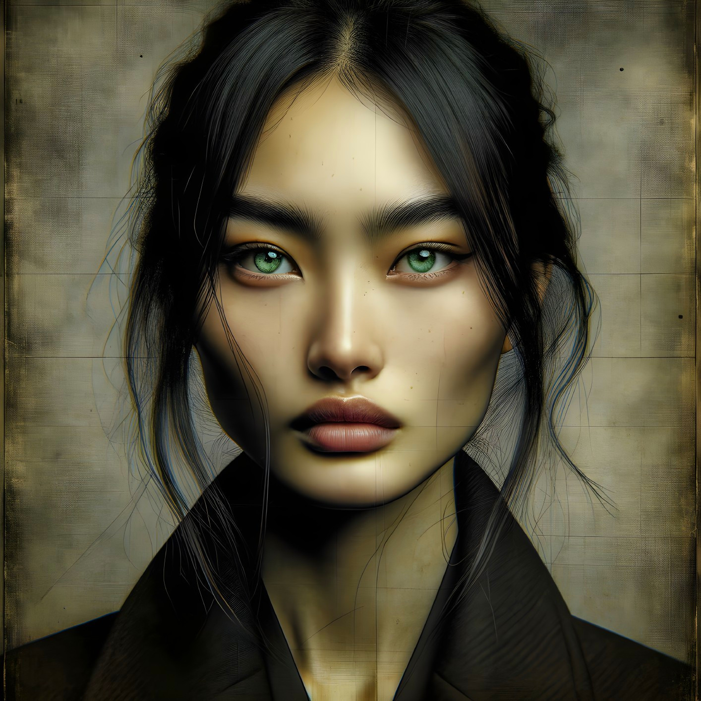 Close-up of a young woman with green eyes and dark hair