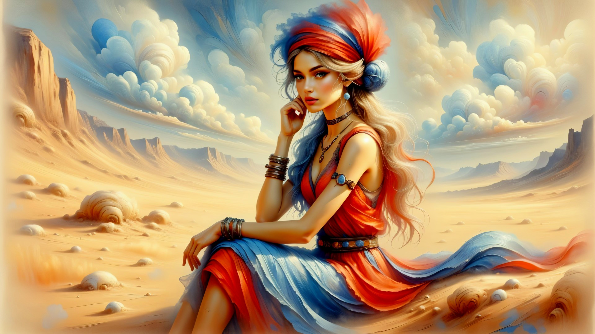 Young Woman in Vibrant Dress in Surreal Desert Scene