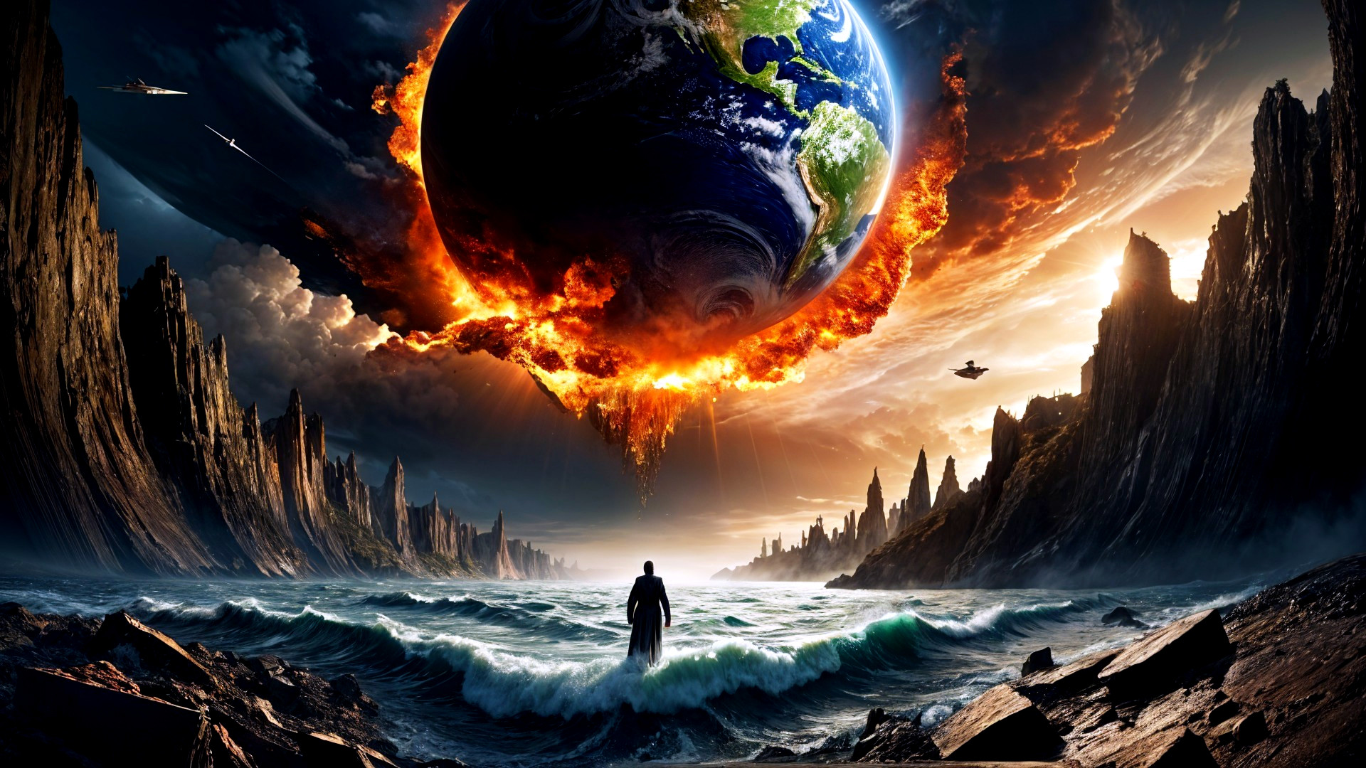 Lone Figure at Edge of Tumultuous Sea and Fiery Sky