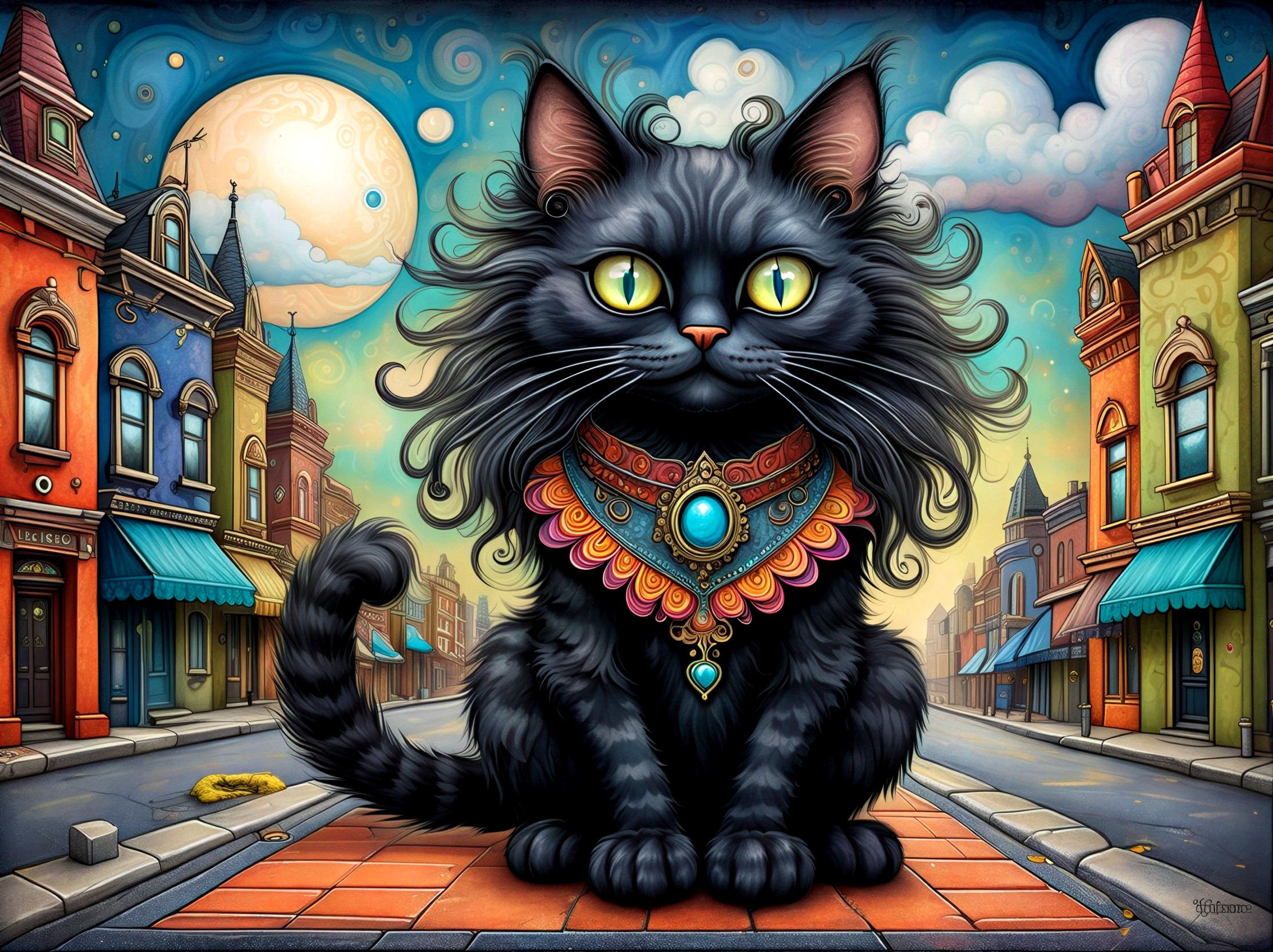 Whimsical Town with Black Cat and Two Moons