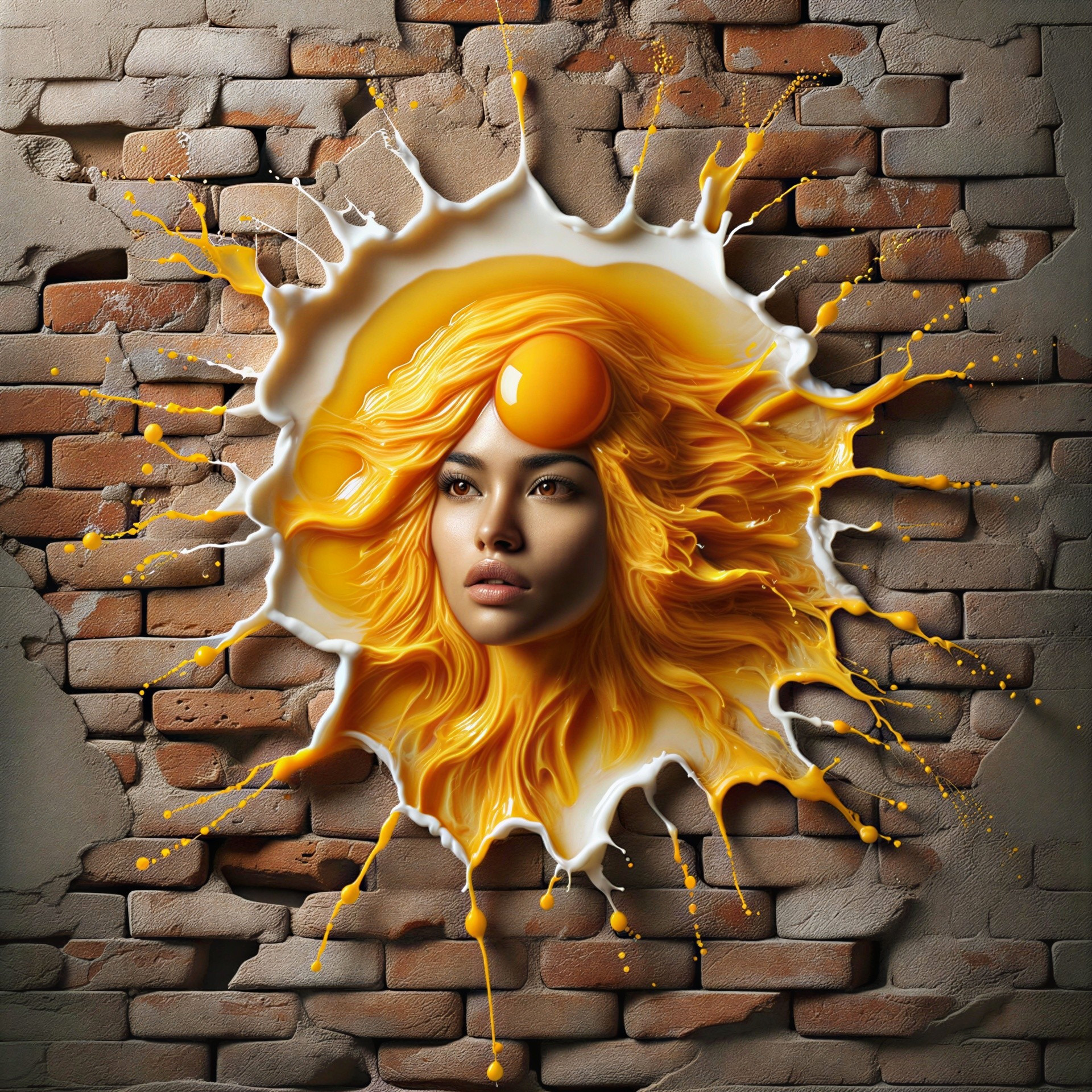 Surreal Woman with Golden Hair from Cracked Wall