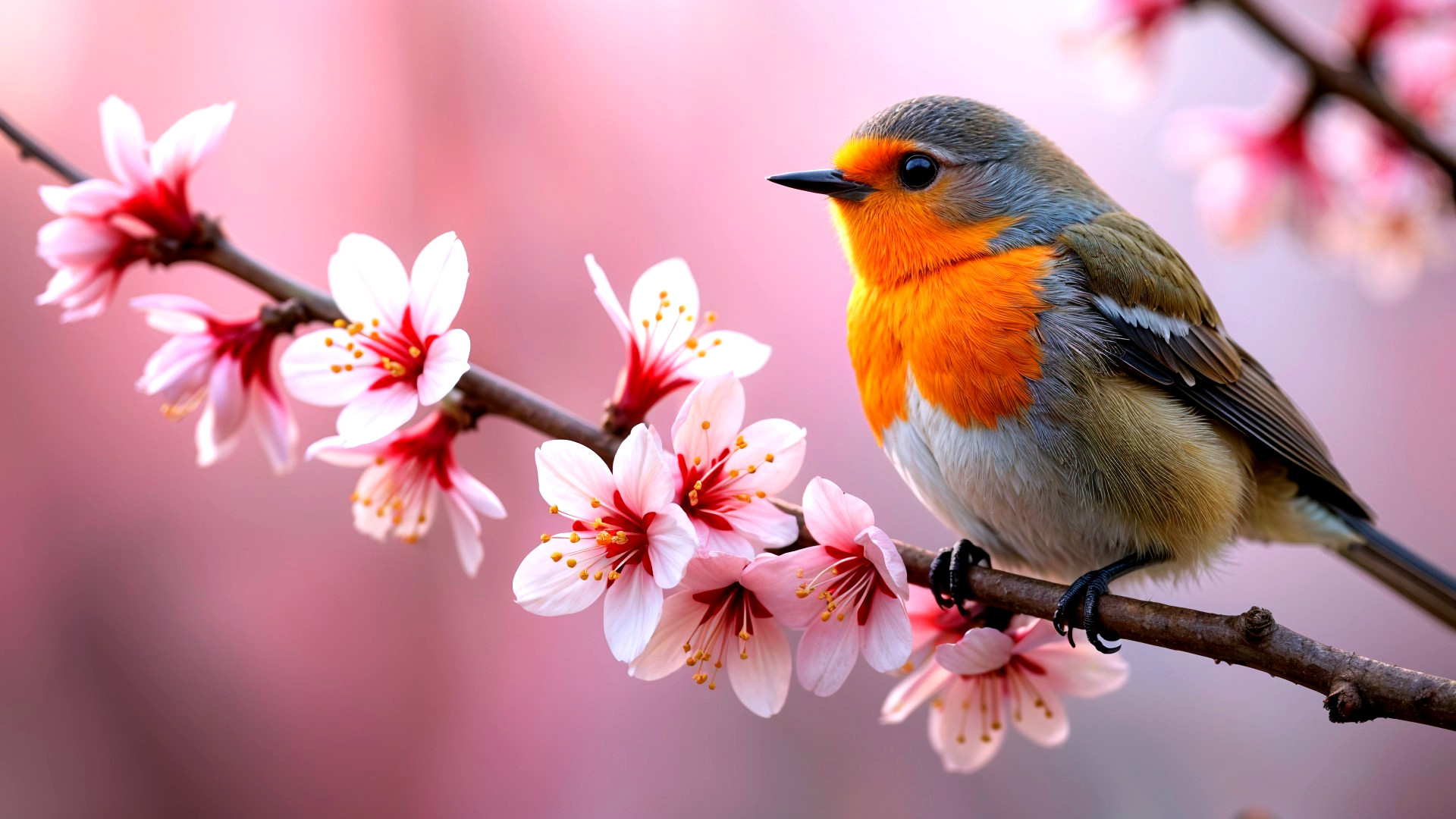 Vibrant bird on branch with pink blossoms in spring