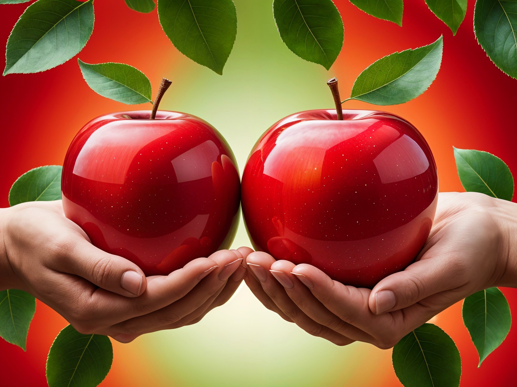 Red Apples Held with Green Leaves on Gradient Background