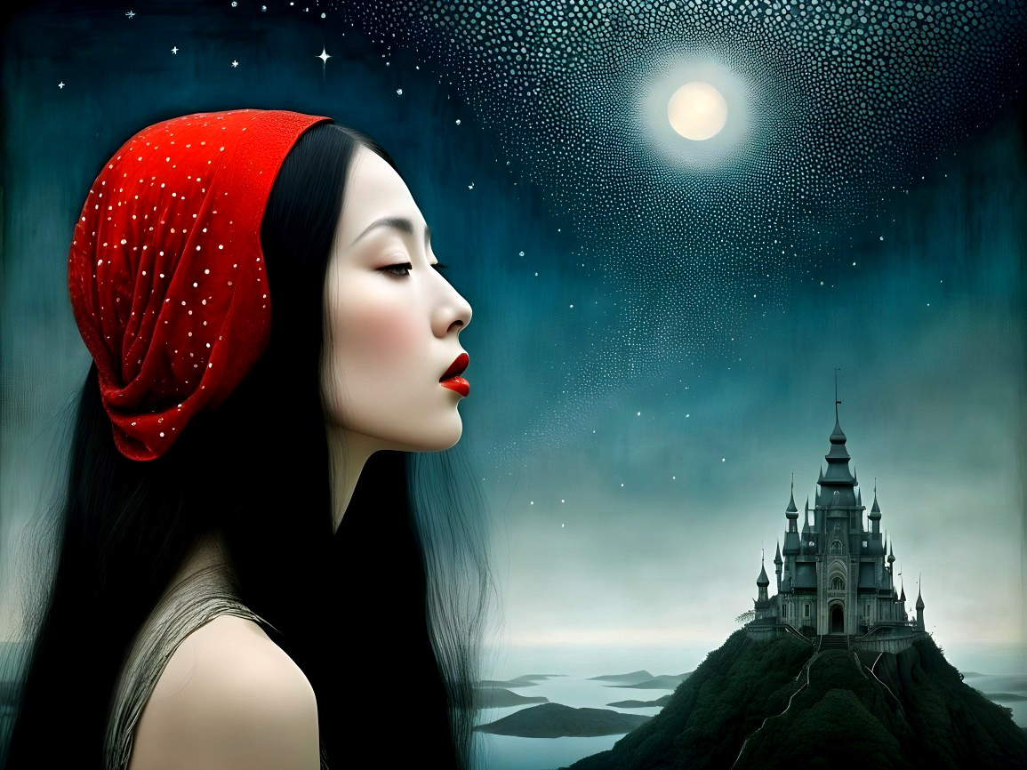 Serene Woman with Red Scarf Under Starry Night Sky