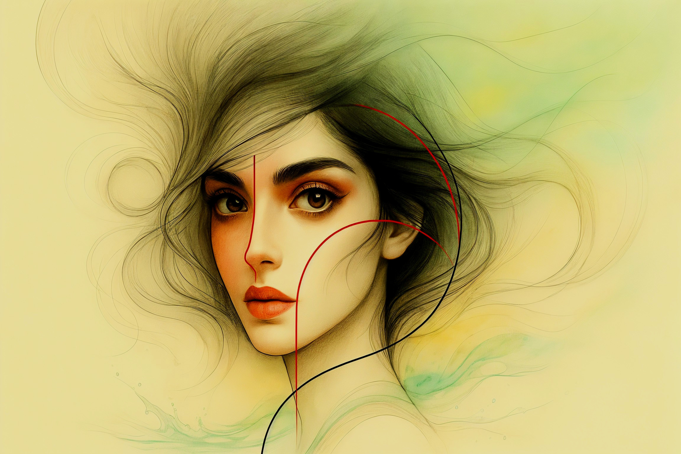 Portrait of a Woman with Flowing Hair and Soft Colors