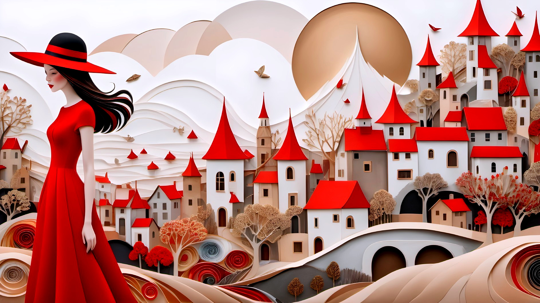 Woman in Red Dress in a Whimsical Landscape Scene