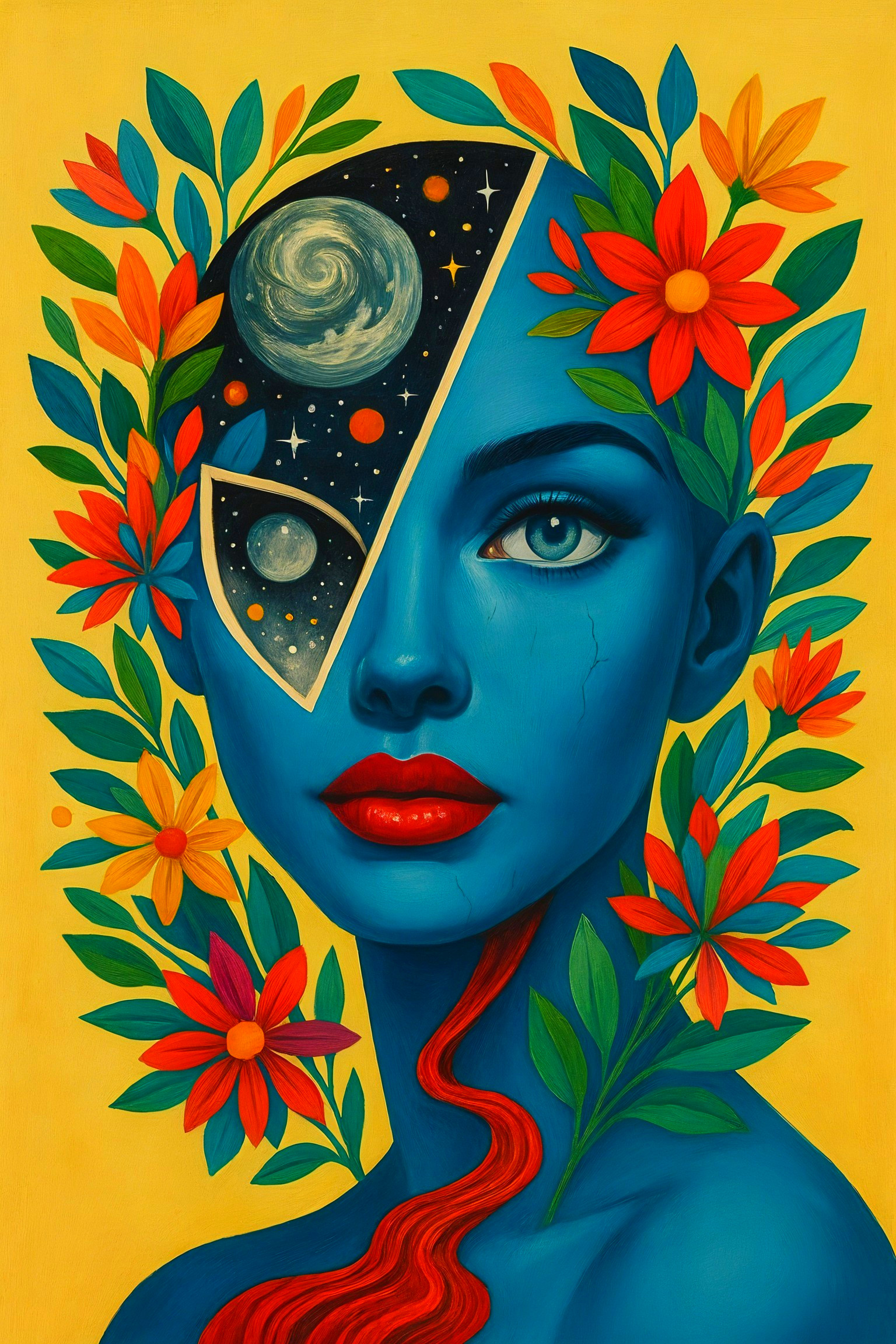 Blue-Skinned Woman with Cosmic Split Head Artwork
