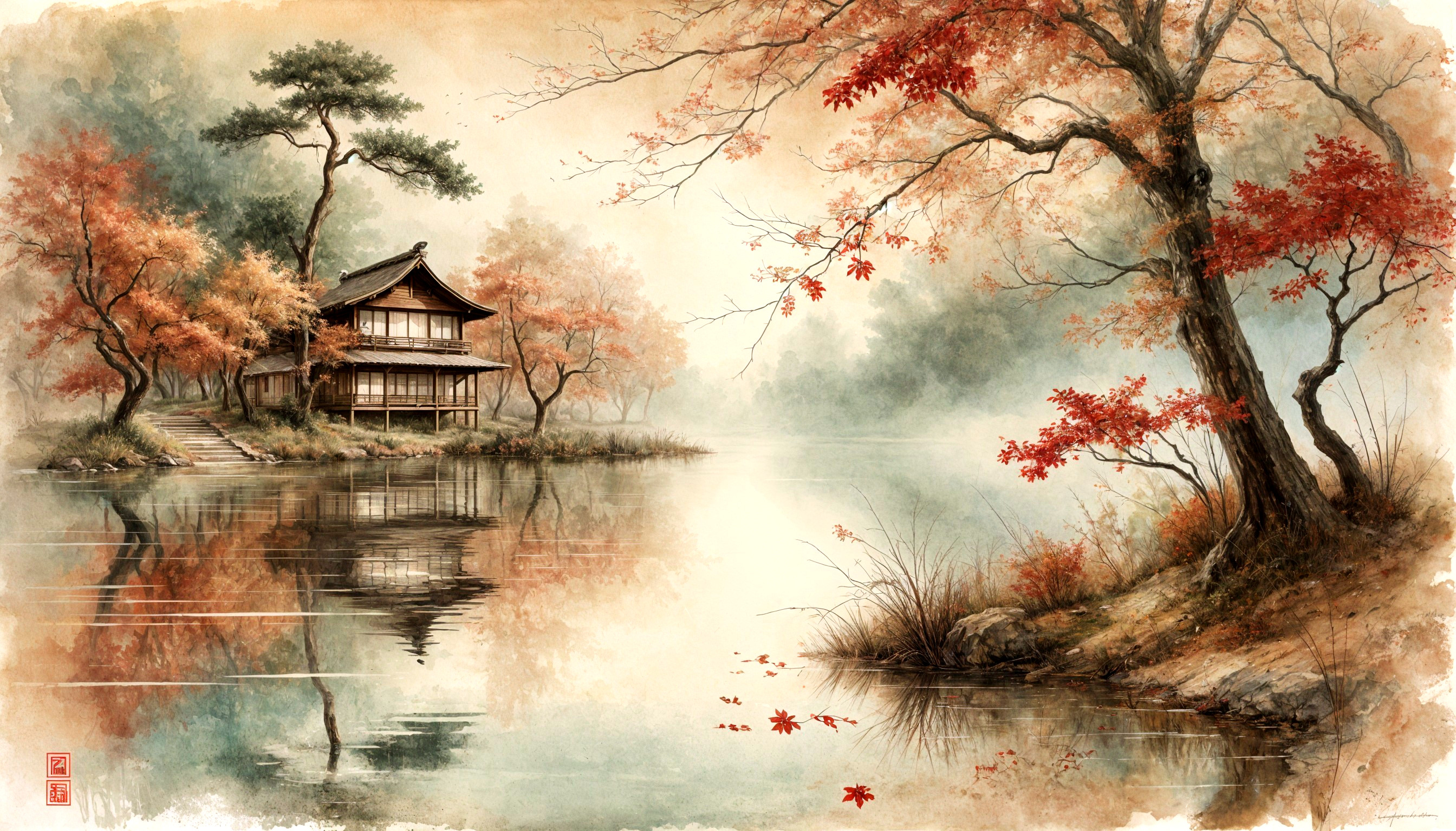 Tranquil Landscape with Misty Lake and Autumn Colors