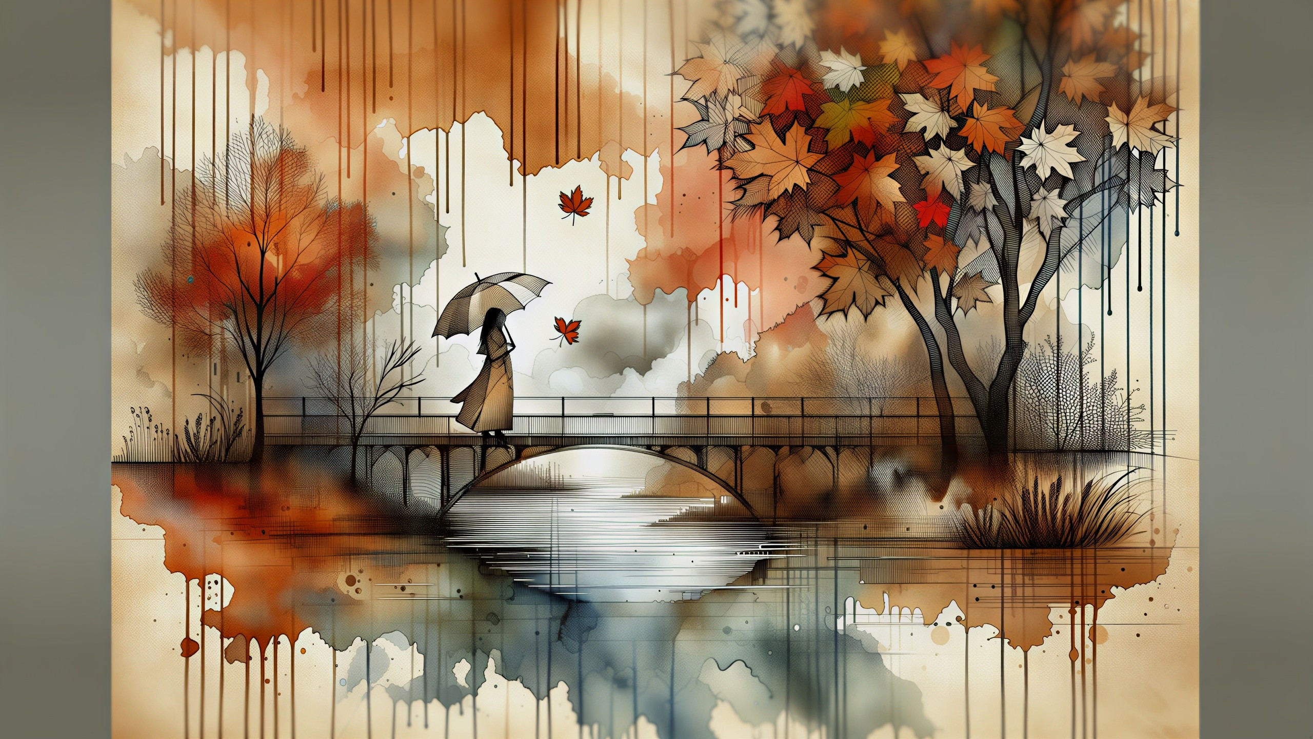 Watercolor Illustration of Woman on Bridge in Autumn