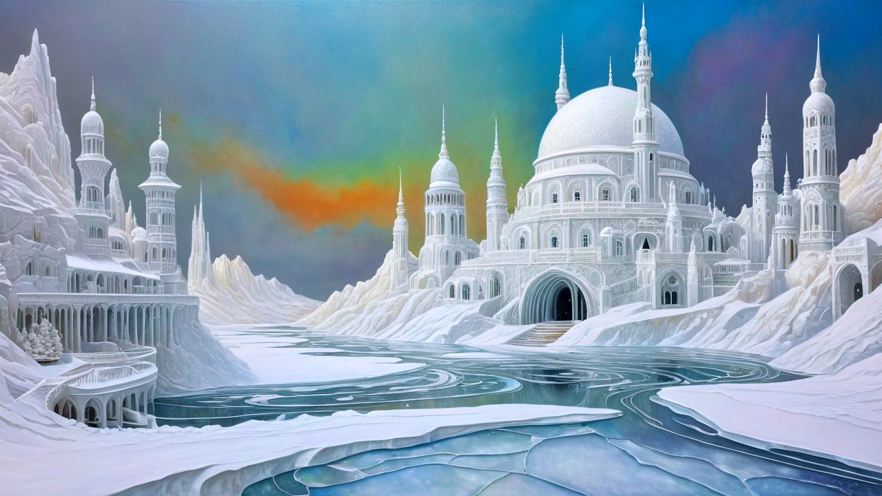 Ethereal Landscape with Majestic White Structures