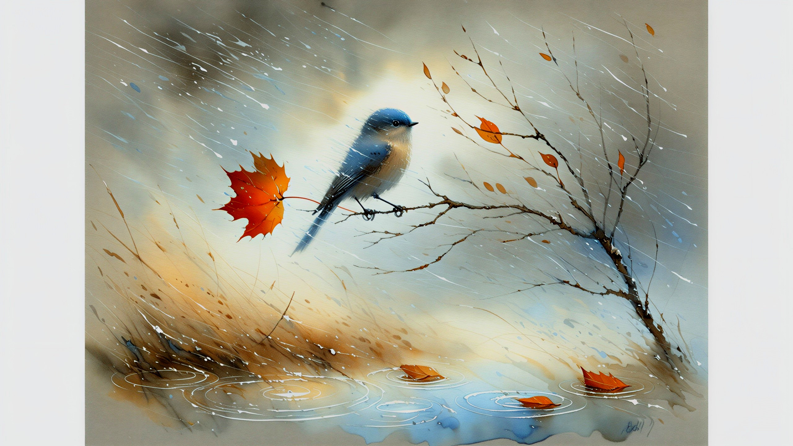 Delicate Bird on Branch in Gentle Rain with Autumn Pond