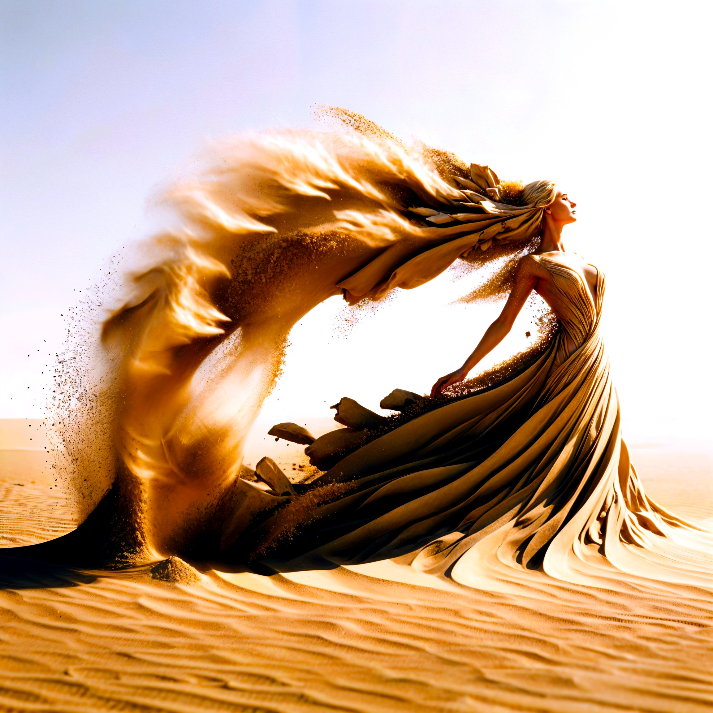 Elegant Woman in Flowing Gown in Desert Landscape