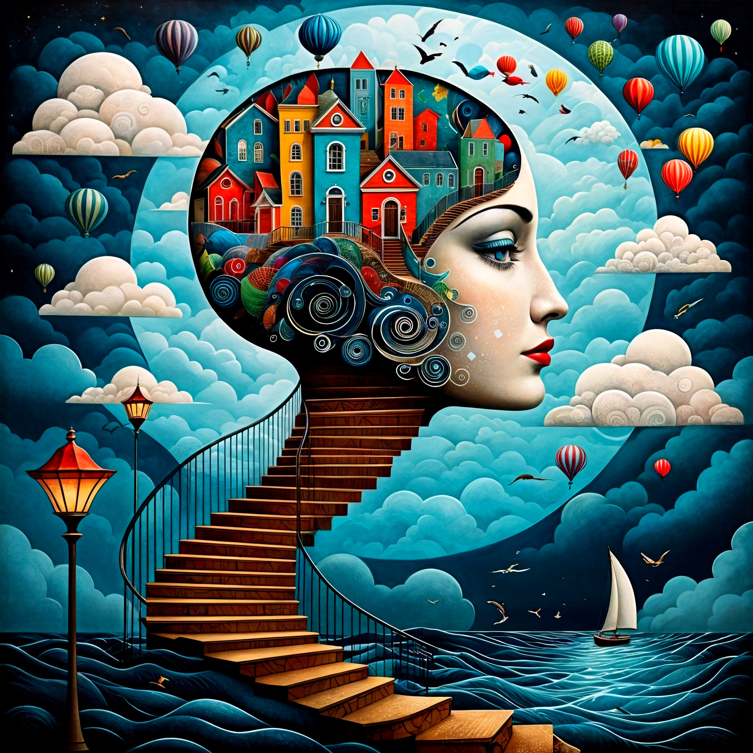Surreal Landscape of Houses and Hot Air Balloons
