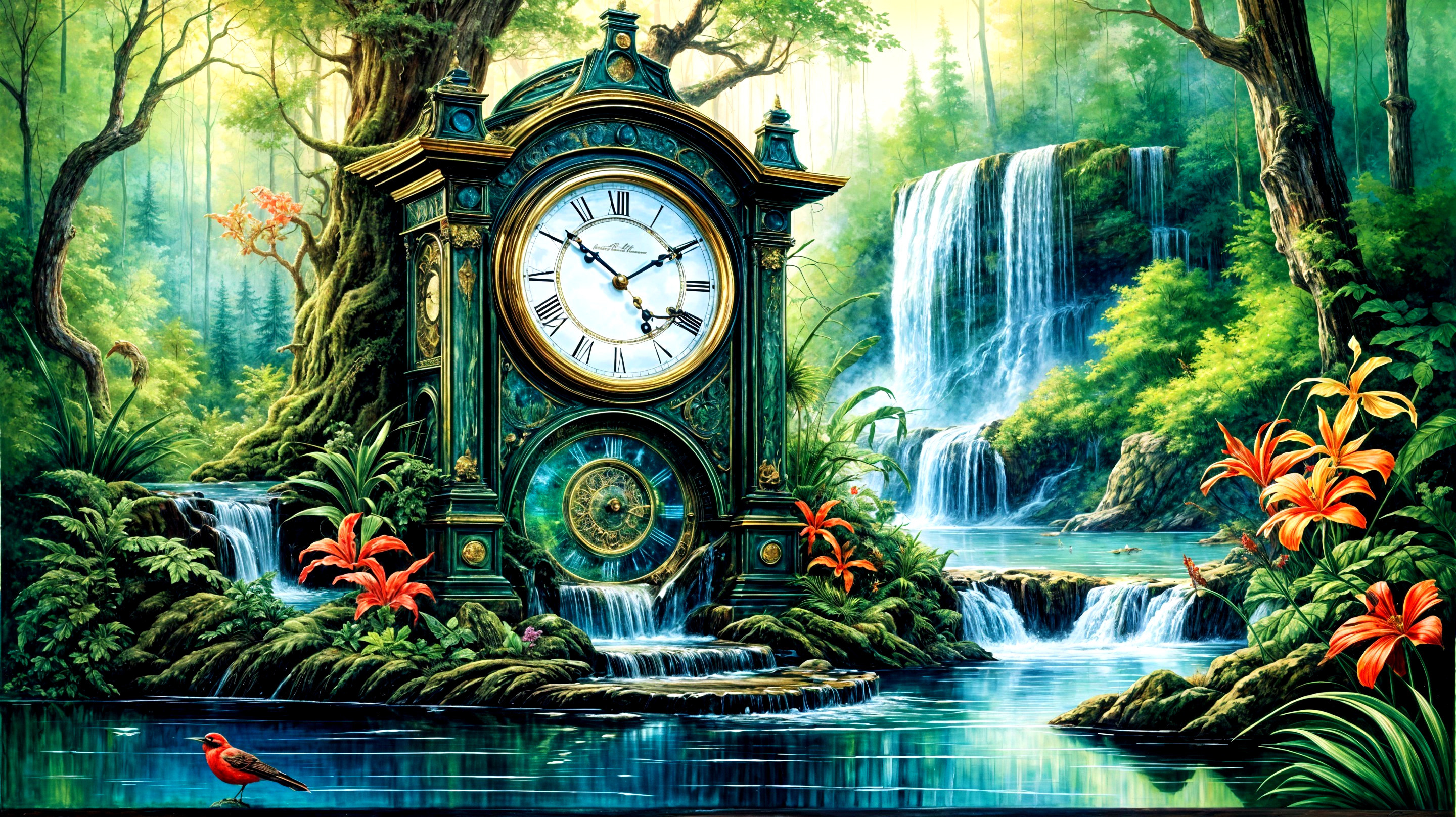 Antique Clock Surrounded by Forest and Waterfalls