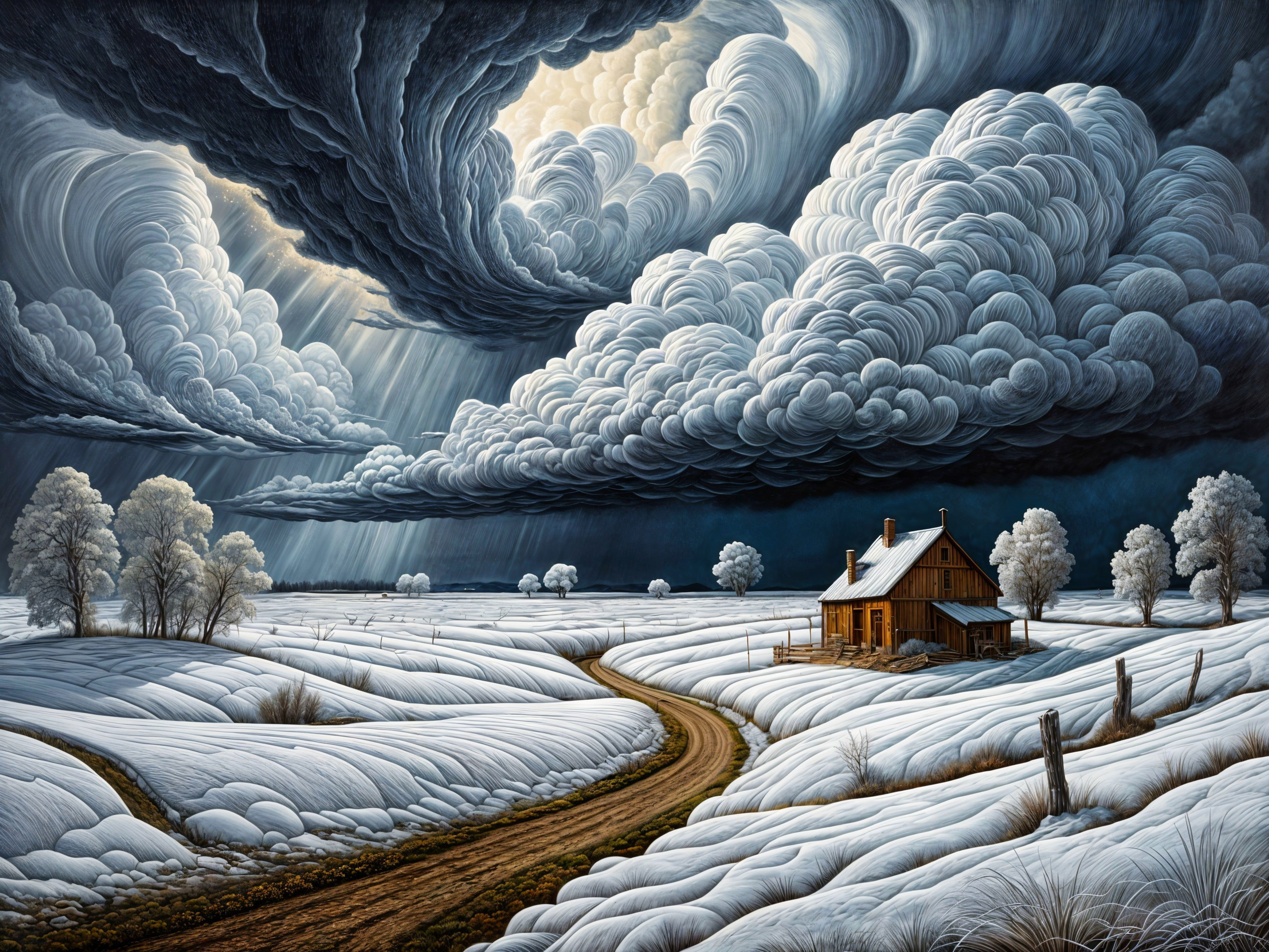 Winter Landscape with Farmhouse and Dramatic Sky