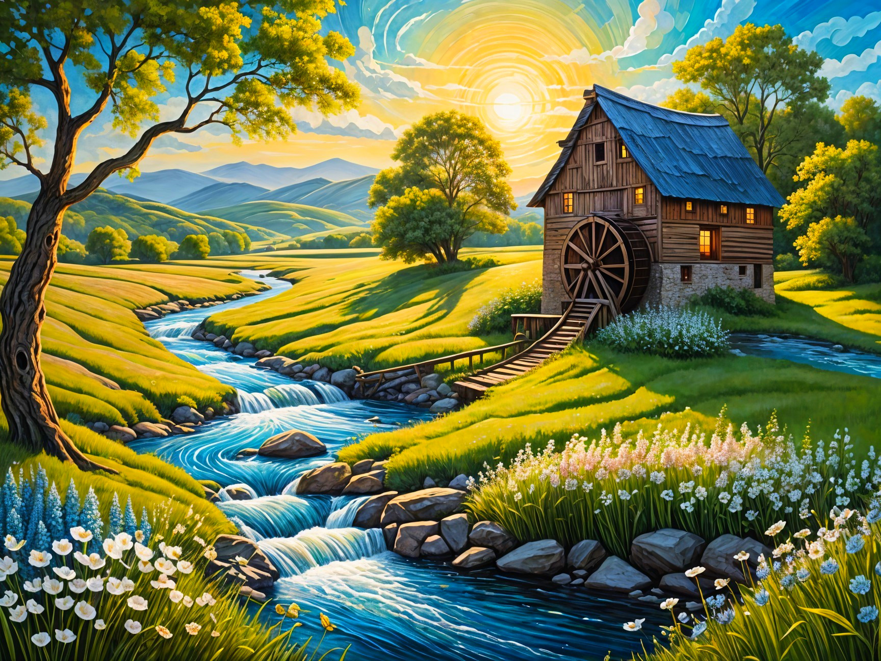 Rustic Wooden Mill by Stream in Scenic Countryside