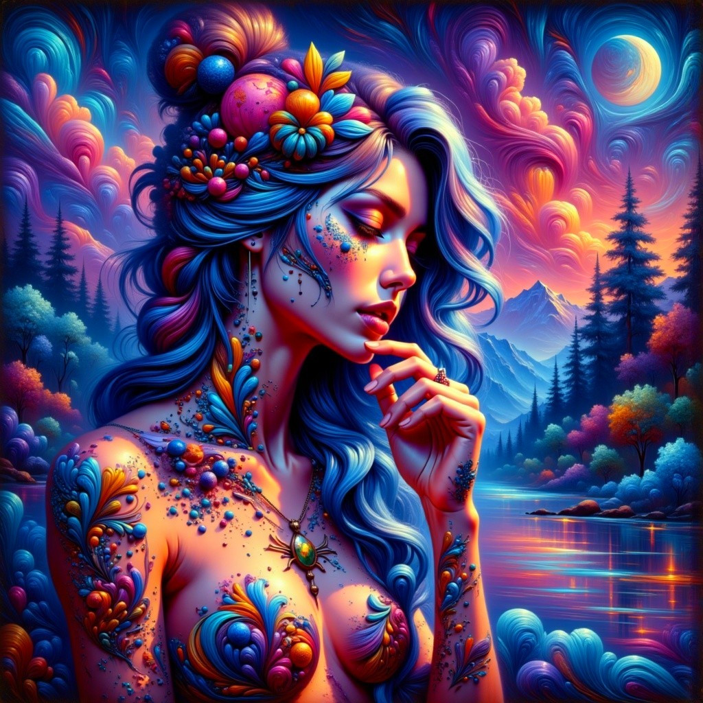 Vibrant Portrait of Woman with Blue Hair and Nature Themes