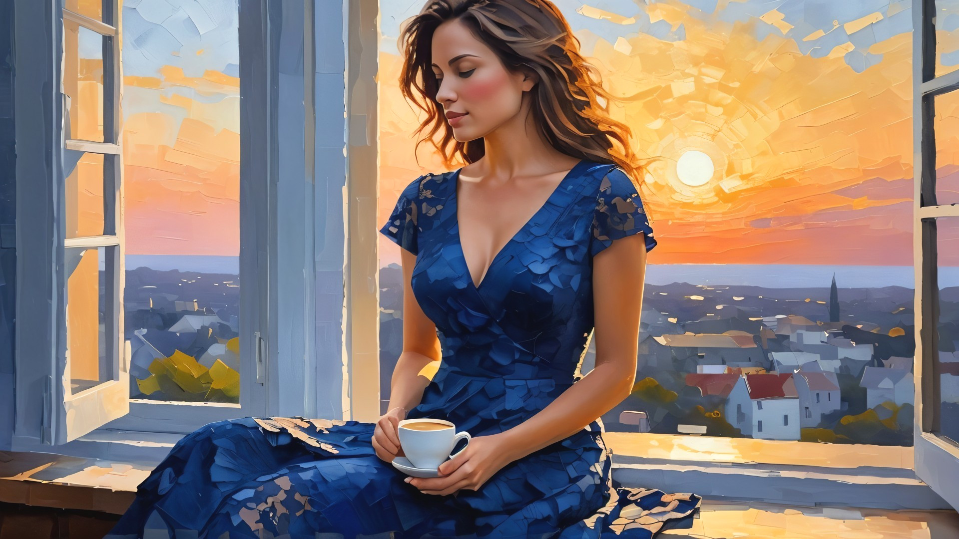 Woman in blue dress on windowsill at sunset