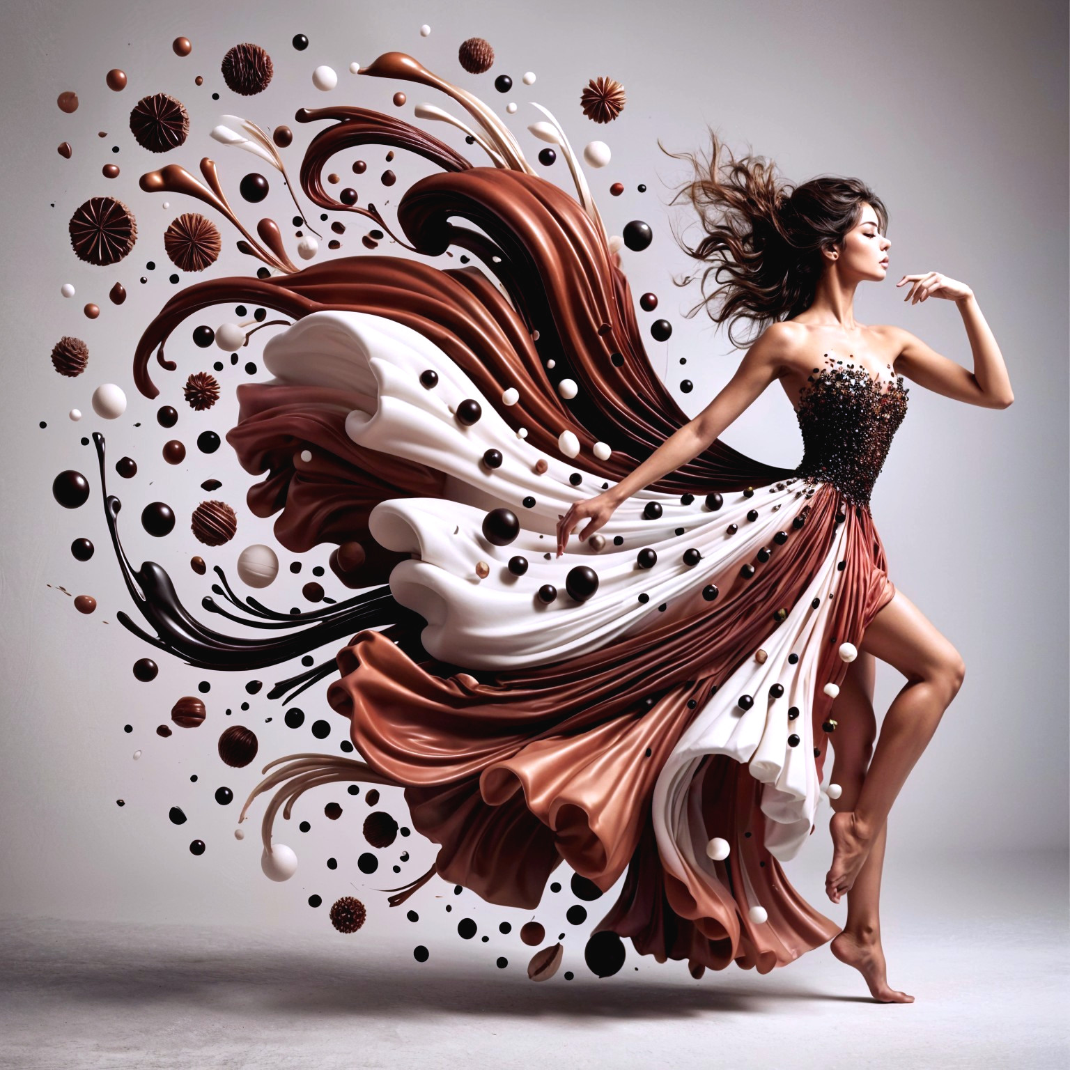 Elegant Dress with Chocolate and Cream Patterns