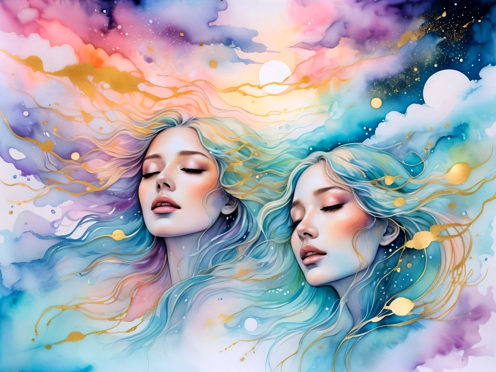 Ethereal Artwork of Two Women's Faces in Pastel Colors
