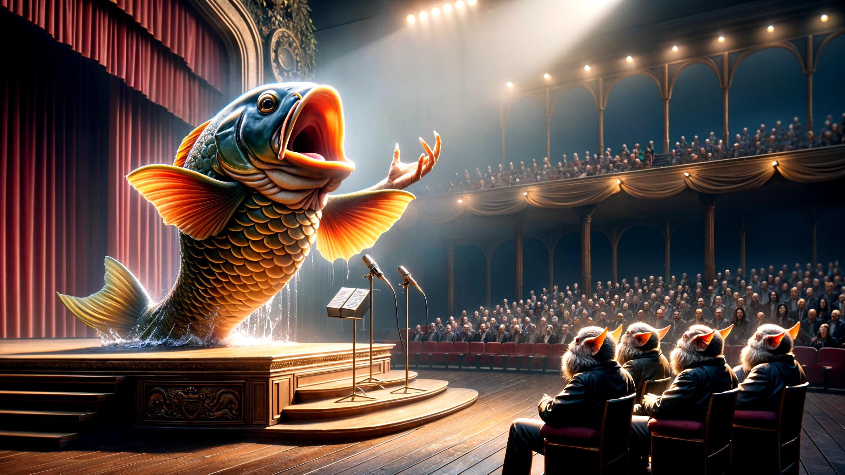 Anthropomorphic fish performance in ornate theater
