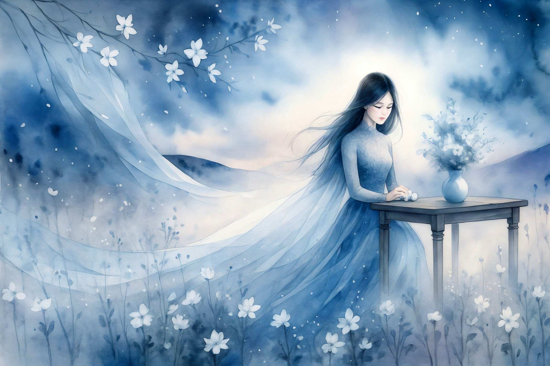 Ethereal Scene of Woman in Blue Dress Among Flowers