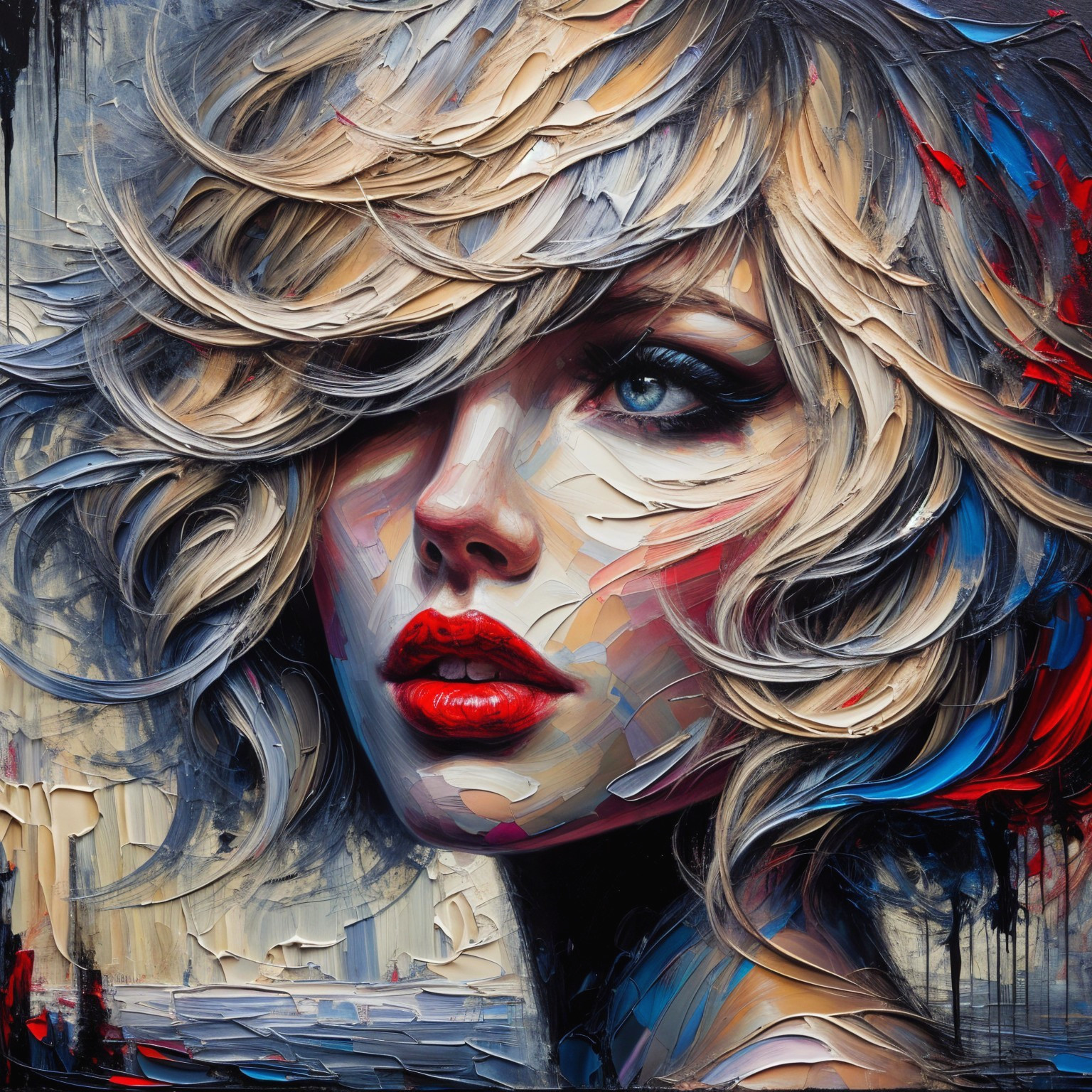 Close-Up Portrait of a Woman with Blue Eyes and Red Lips