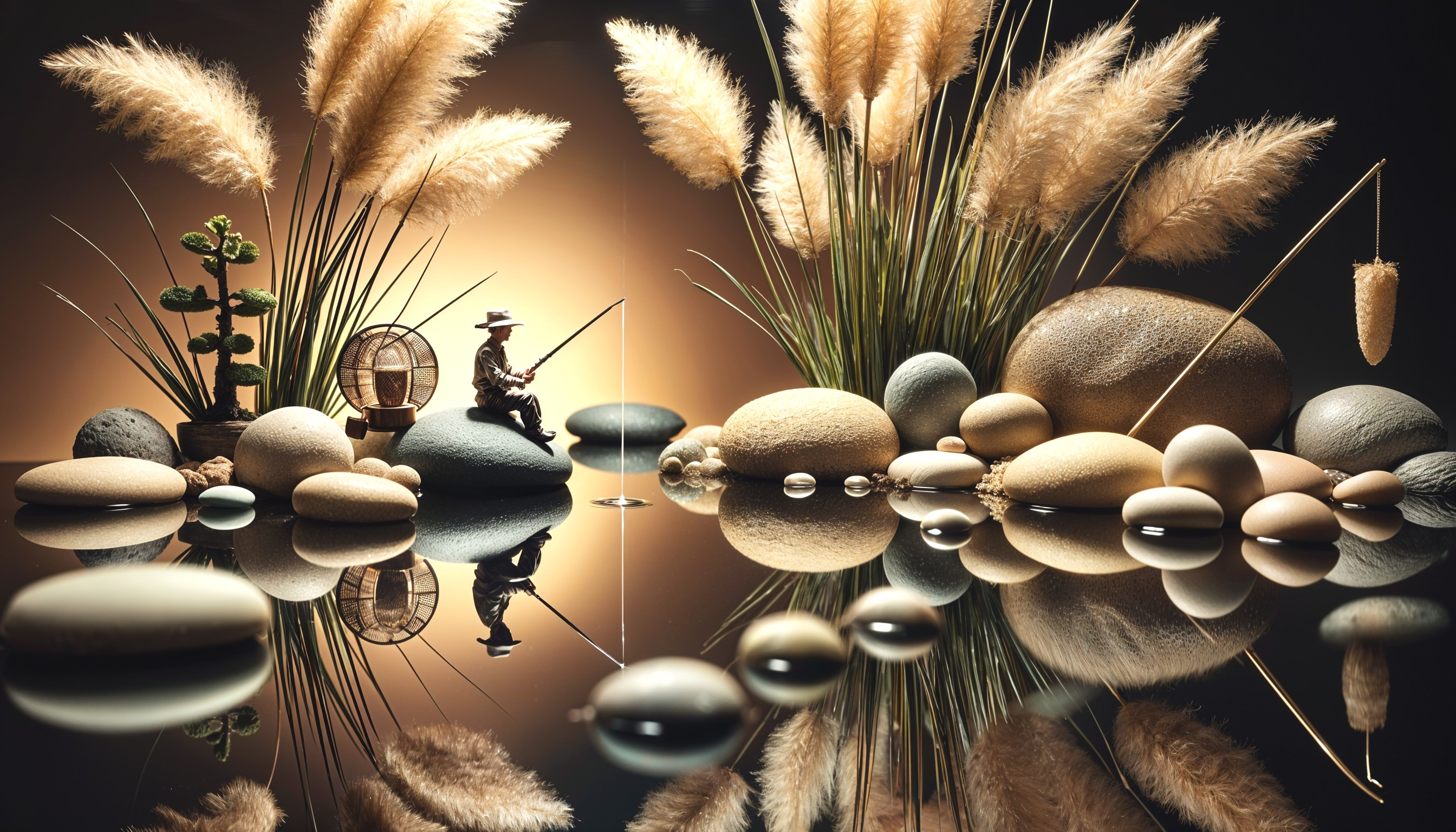 Miniature Fisherman in Tranquil Natural Setting
