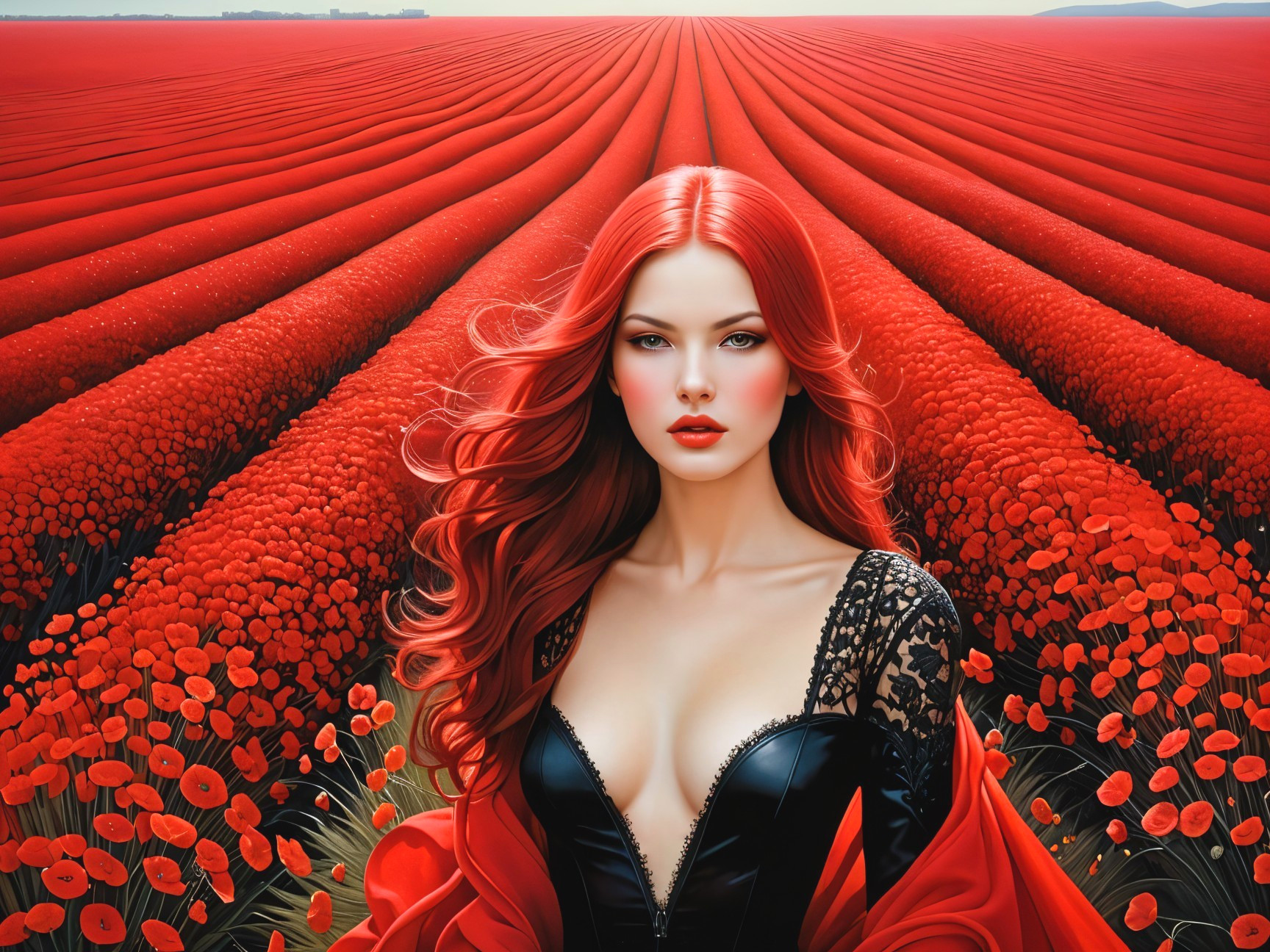 Portrait of a Woman with Red Hair in Tulip Field