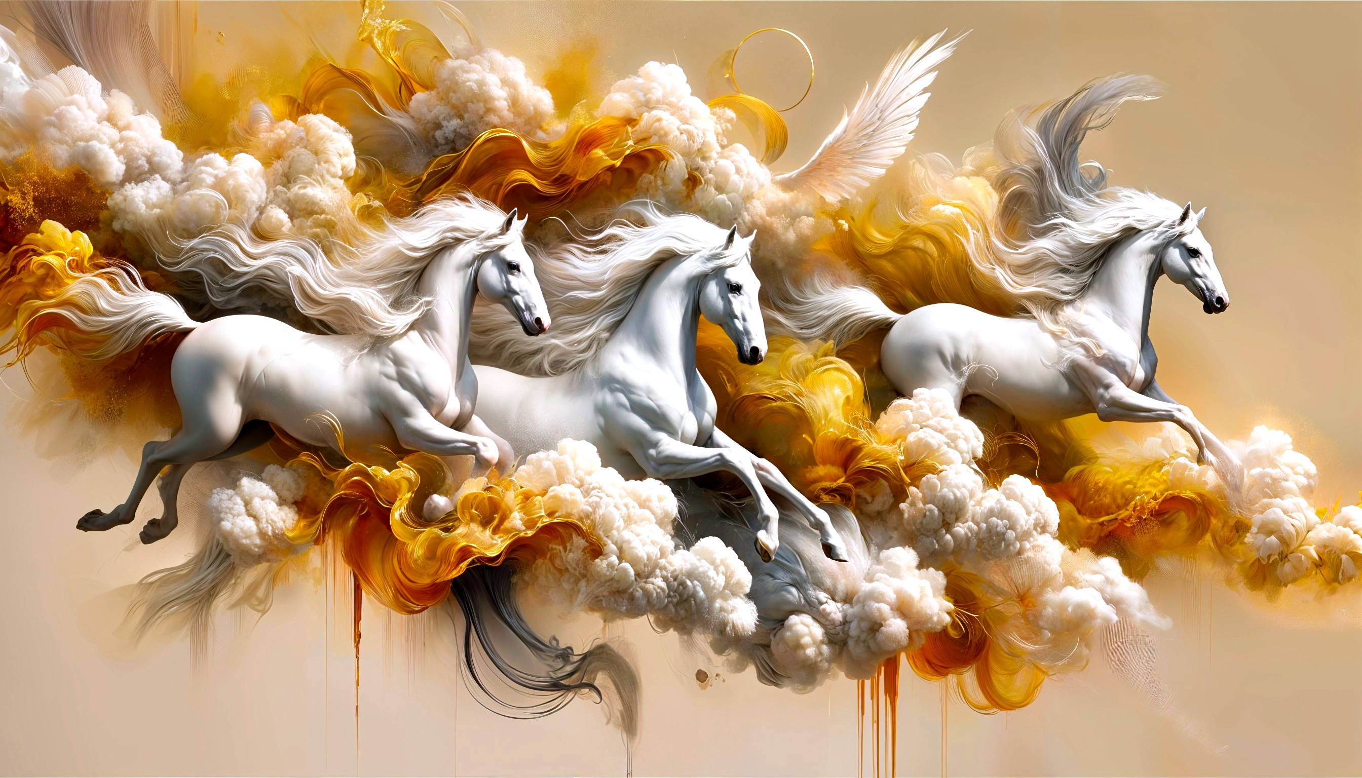 Three White Horses Galloping Through Golden Clouds