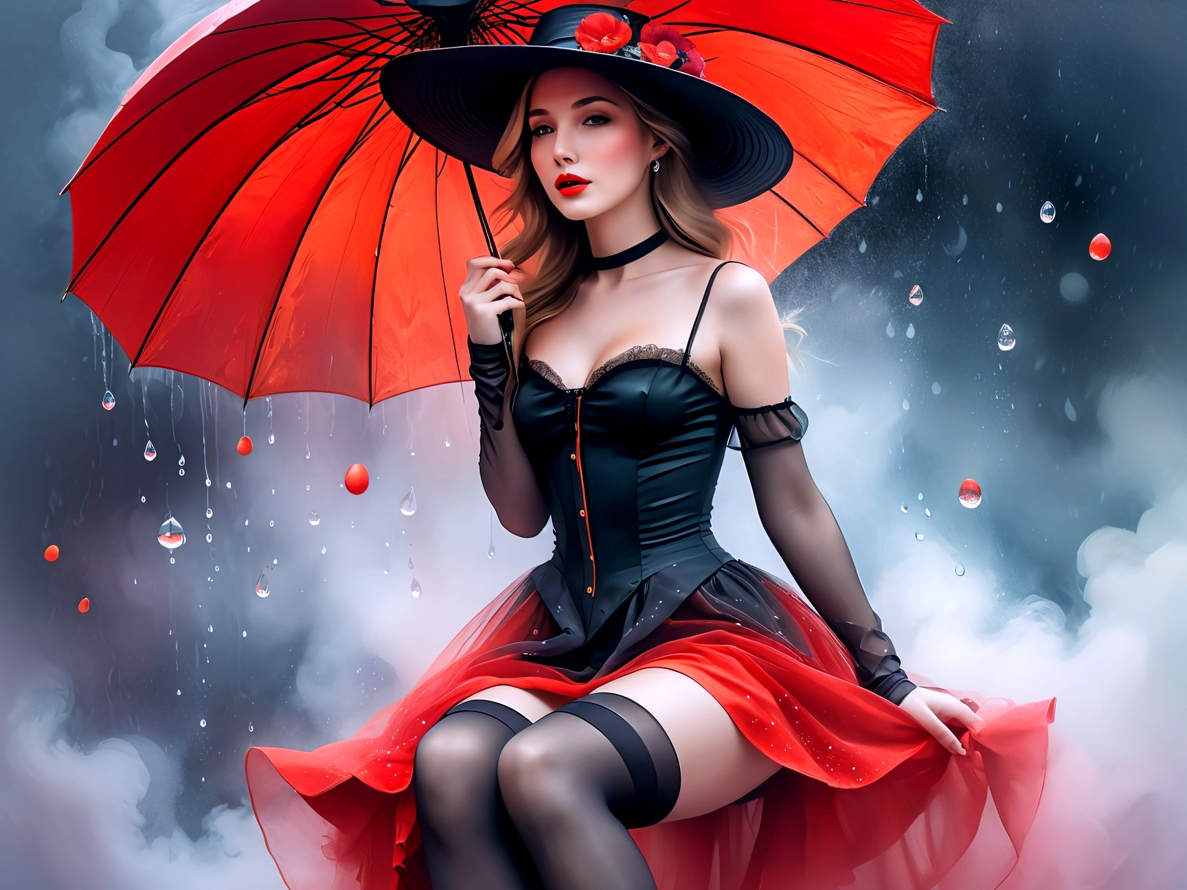 Elegant Figure in Red and Black with Parasol and Hat