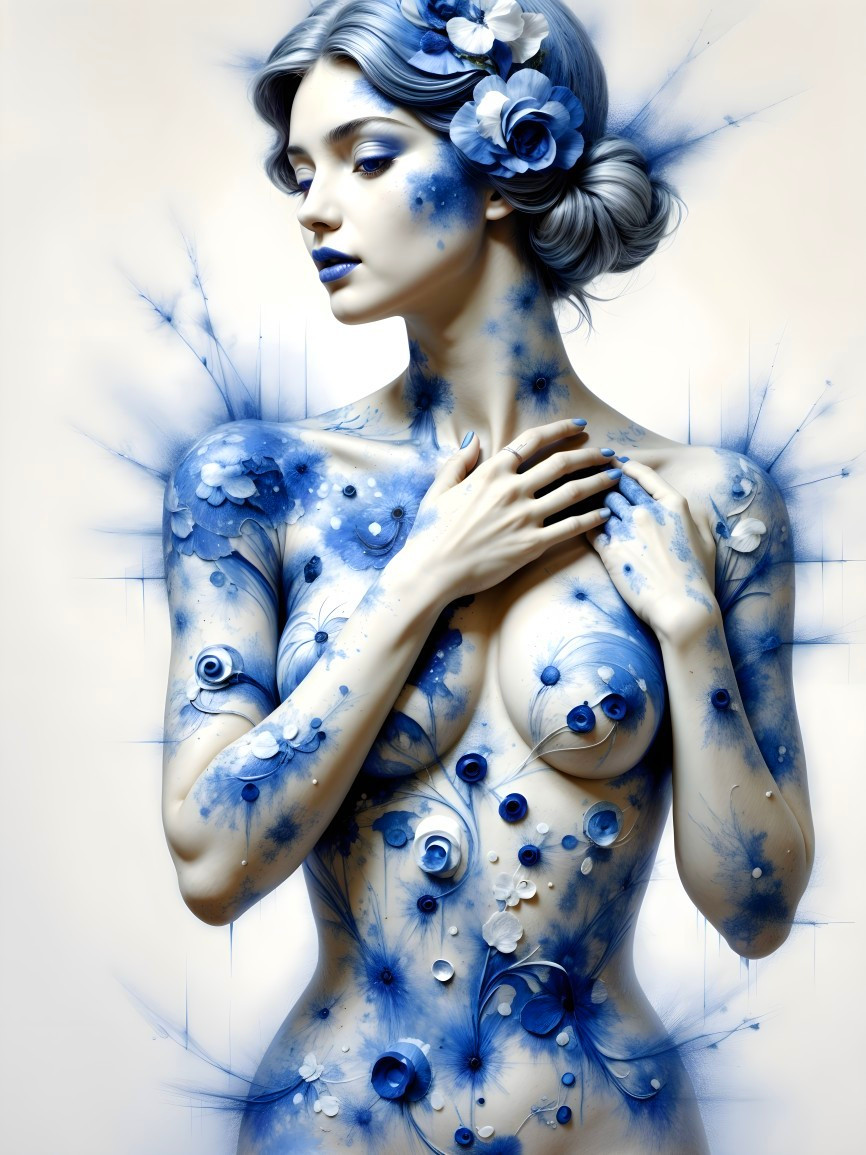 Female Figure with Blue and White Body Paint Patterns